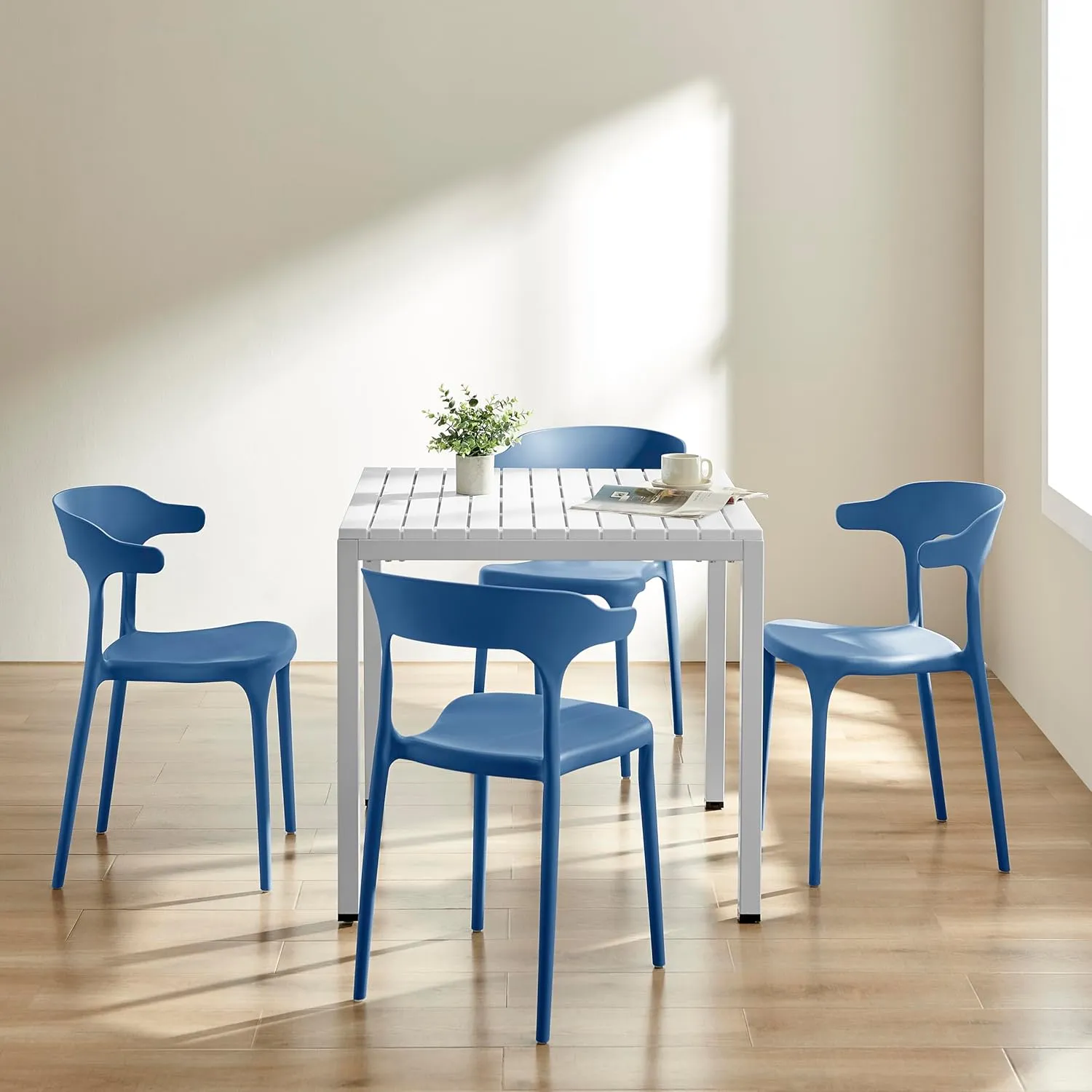 Modern Stackable Dining Chair Set, No Assembly, Plastic Chair, Patio Chair, Suitable for Indoor and Outdoor Cafes and Restaurants, Set of 4 (Cobalt Blue)