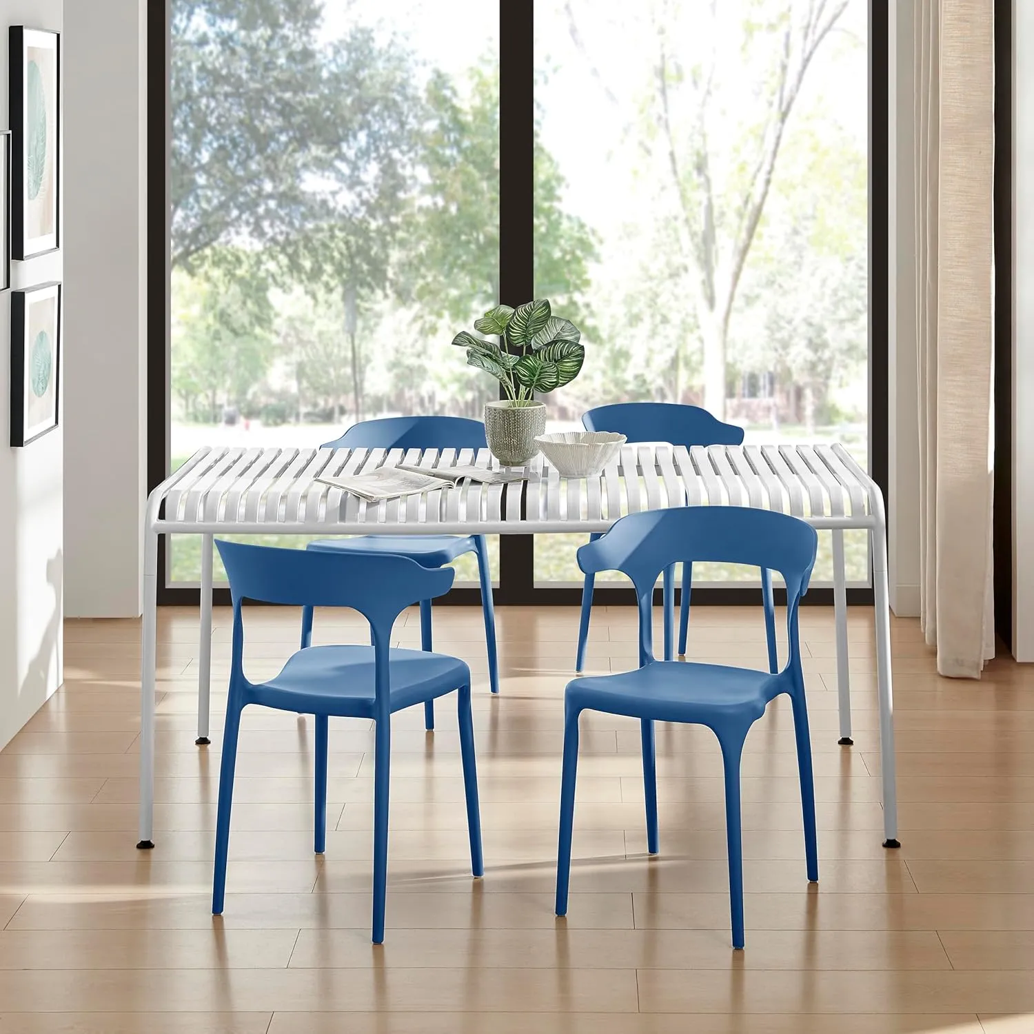Modern Stackable Dining Chair Set, No Assembly, Plastic Chair, Patio Chair, Suitable for Indoor and Outdoor Cafes and Restaurants, Set of 4 (Cobalt Blue)