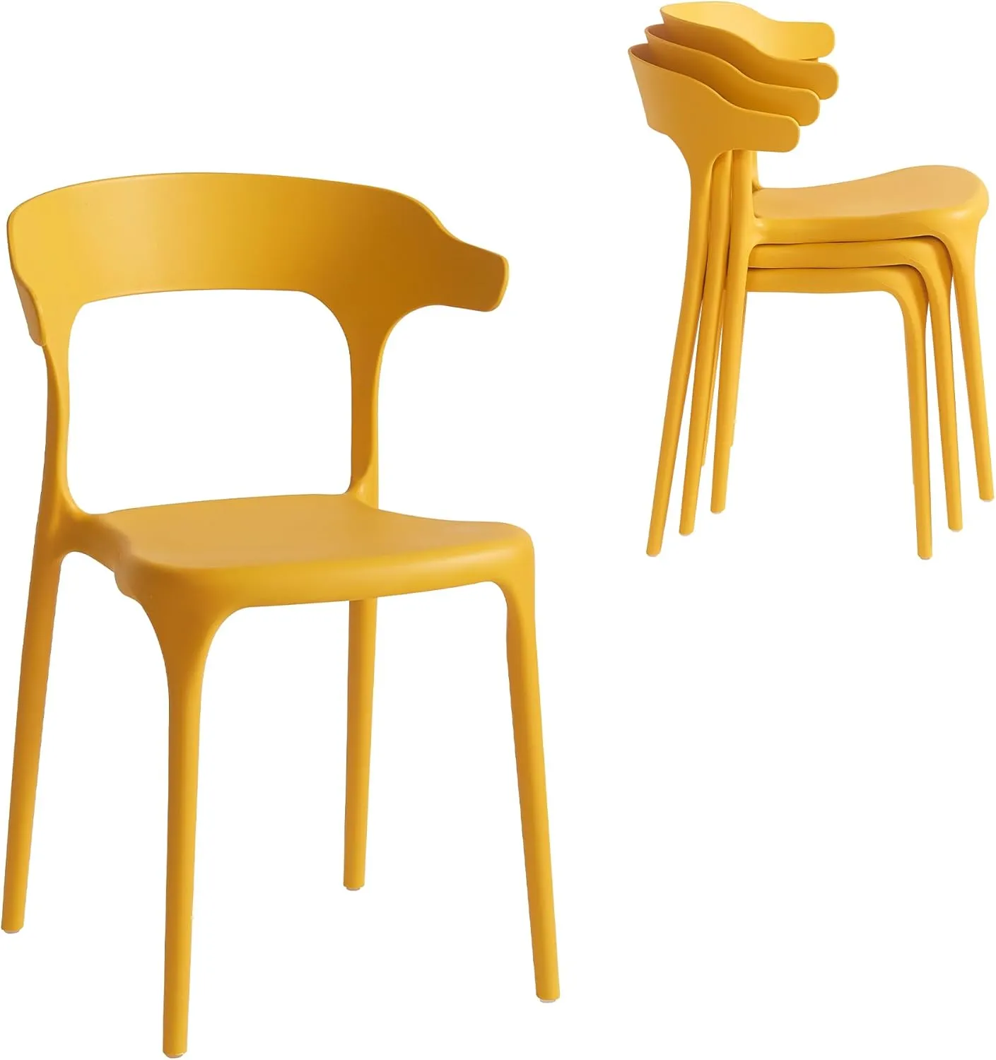 Modern Stackable Dining Chair Set, No Assembly, Plastic Chair, Patio Chair, Suitable for Indoor and Outdoor Cafes and Restaurants, Set of 4 (Mustard Yellow)