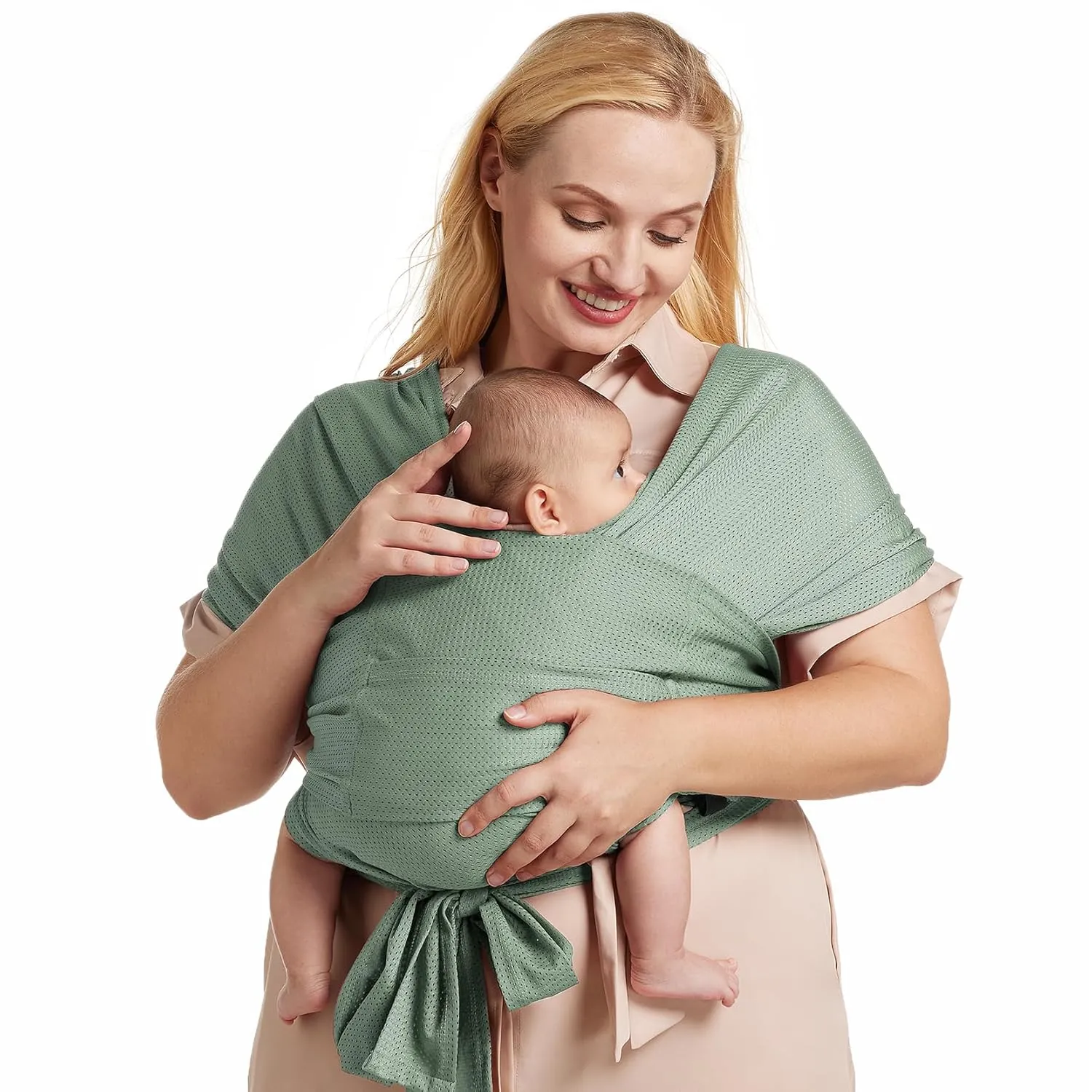 Momcozy Adjustable Buckle Baby Wrap Carrier Cooling Air-Mesh, Easy to Wear Baby Carrier Sling, Baby Carriers Newborn to Toddler 8-35lbs, Suit for Waist 27-47inch,Grey Green