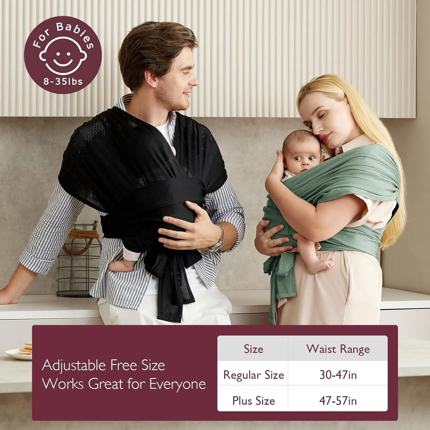 Momcozy Adjustable Buckle Baby Wrap Carrier Cooling Air-Mesh, Easy to Wear Baby Carrier Sling, Baby Carriers Newborn to Toddler 8-35lbs, Suit for Waist 27-47inch,Grey Green