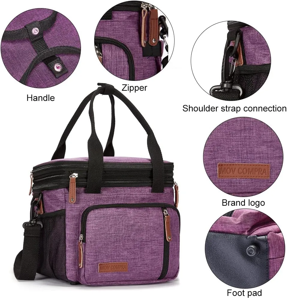MOV COMPRA Purple Lunch Bag Women, Expandable Insulated Lunch Box for Work, Large Lunch Bag Leakproof Lunch Box Cooler Bag（Purple）