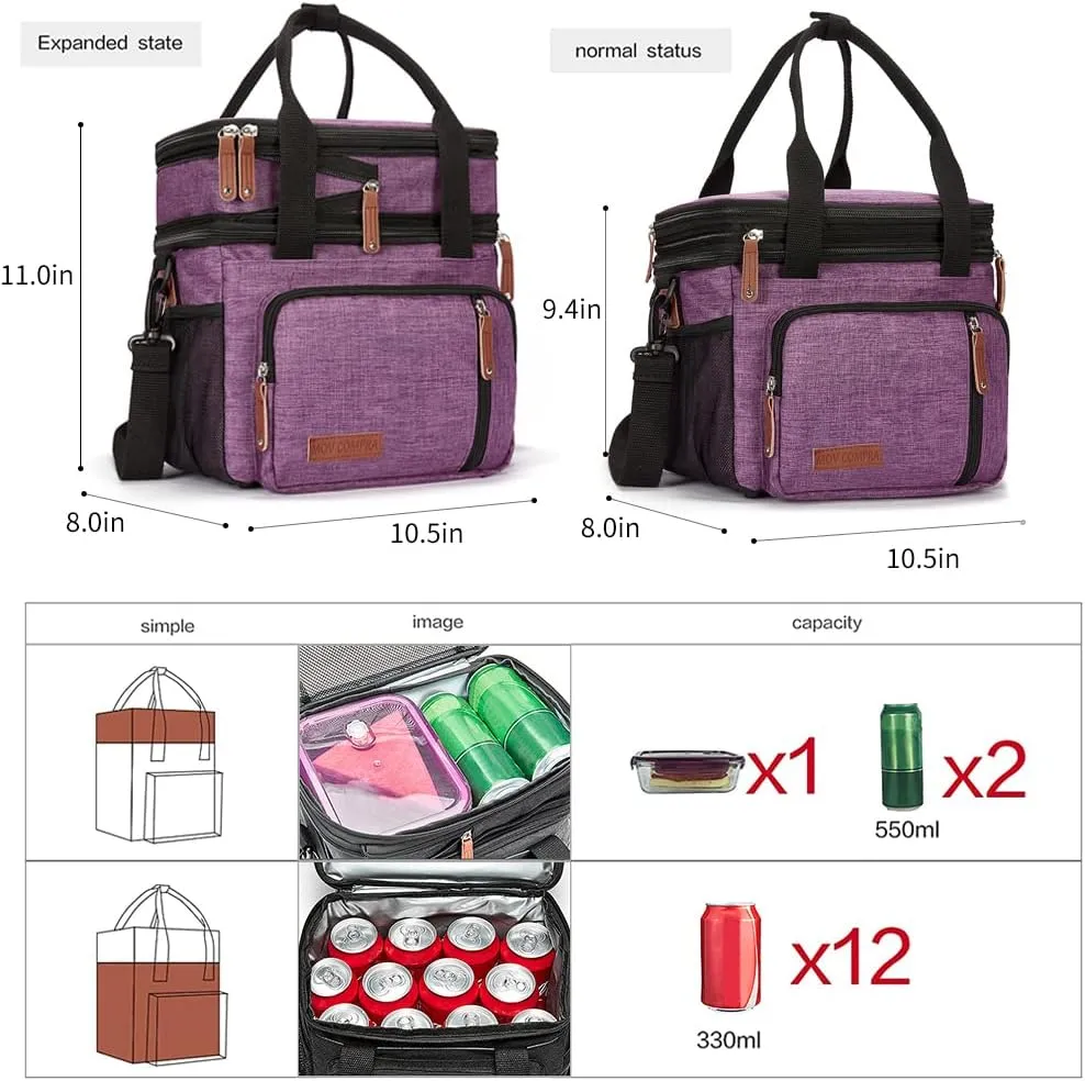 MOV COMPRA Purple Lunch Bag Women, Expandable Insulated Lunch Box for Work, Large Lunch Bag Leakproof Lunch Box Cooler Bag（Purple）