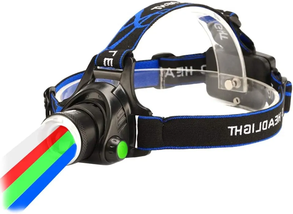 Multicolored Headlamp 4 in 1 800 Lumen Zoomable LED Headlight with White Red Green Blue Light for Astronomy Aviation Hunting Blood Tracking