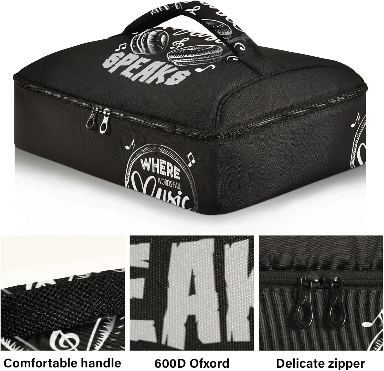 Music Notes Earphone with Where Words Fail, Music Speaks on Black Reusable Insulated Pizza Bag, Waterproof Food Delivery Bag, with Handle Lid Leakproof Pizza Holder Tote for Hot or Cold Food