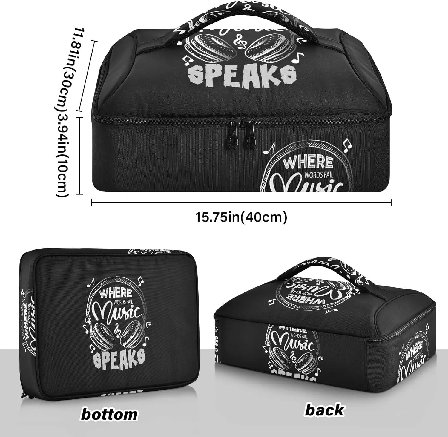 Music Notes Earphone with Where Words Fail, Music Speaks on Black Reusable Insulated Pizza Bag, Waterproof Food Delivery Bag, with Handle Lid Leakproof Pizza Holder Tote for Hot or Cold Food