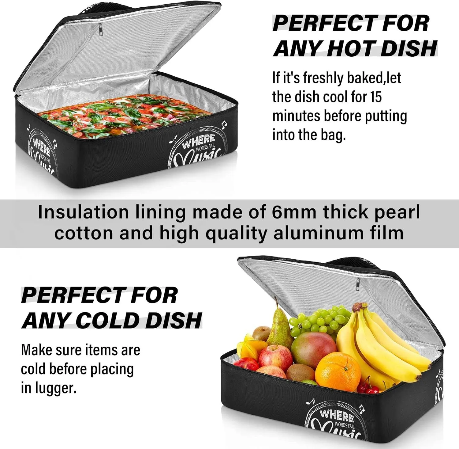 Music Notes Earphone with Where Words Fail, Music Speaks on Black Reusable Insulated Pizza Bag, Waterproof Food Delivery Bag, with Handle Lid Leakproof Pizza Holder Tote for Hot or Cold Food