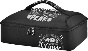 Music Notes Earphone with Where Words Fail, Music Speaks on Black Reusable Insulated Pizza Bag, Waterproof Food Delivery Bag, with Handle Lid Leakproof Pizza Holder Tote for Hot or Cold Food