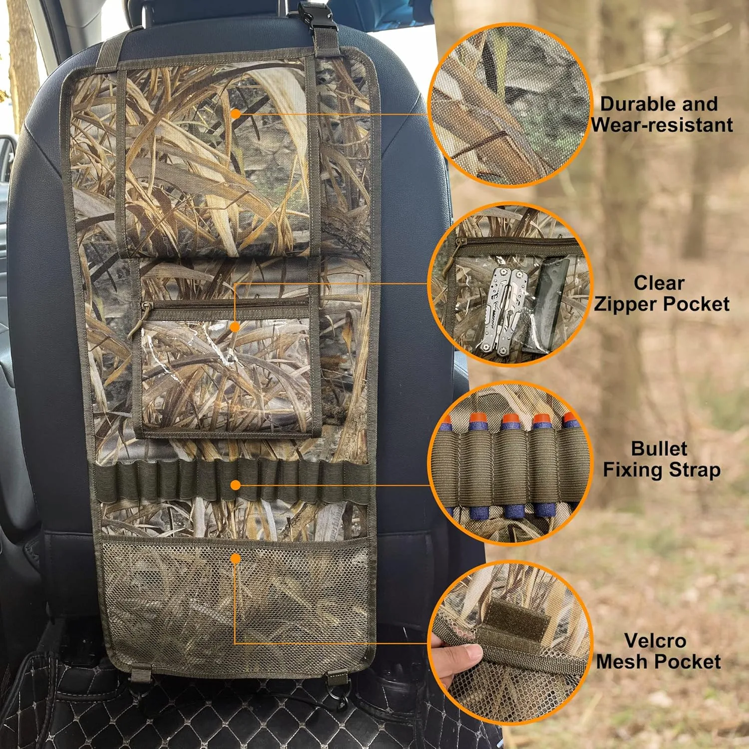 MYDAYS 2 Pack Seat Back Gun Rack, Camo Front Seat Gun Organizer with Bullet Pocket Vehicle Gun Holder for Hunting Rifles/Shotguns