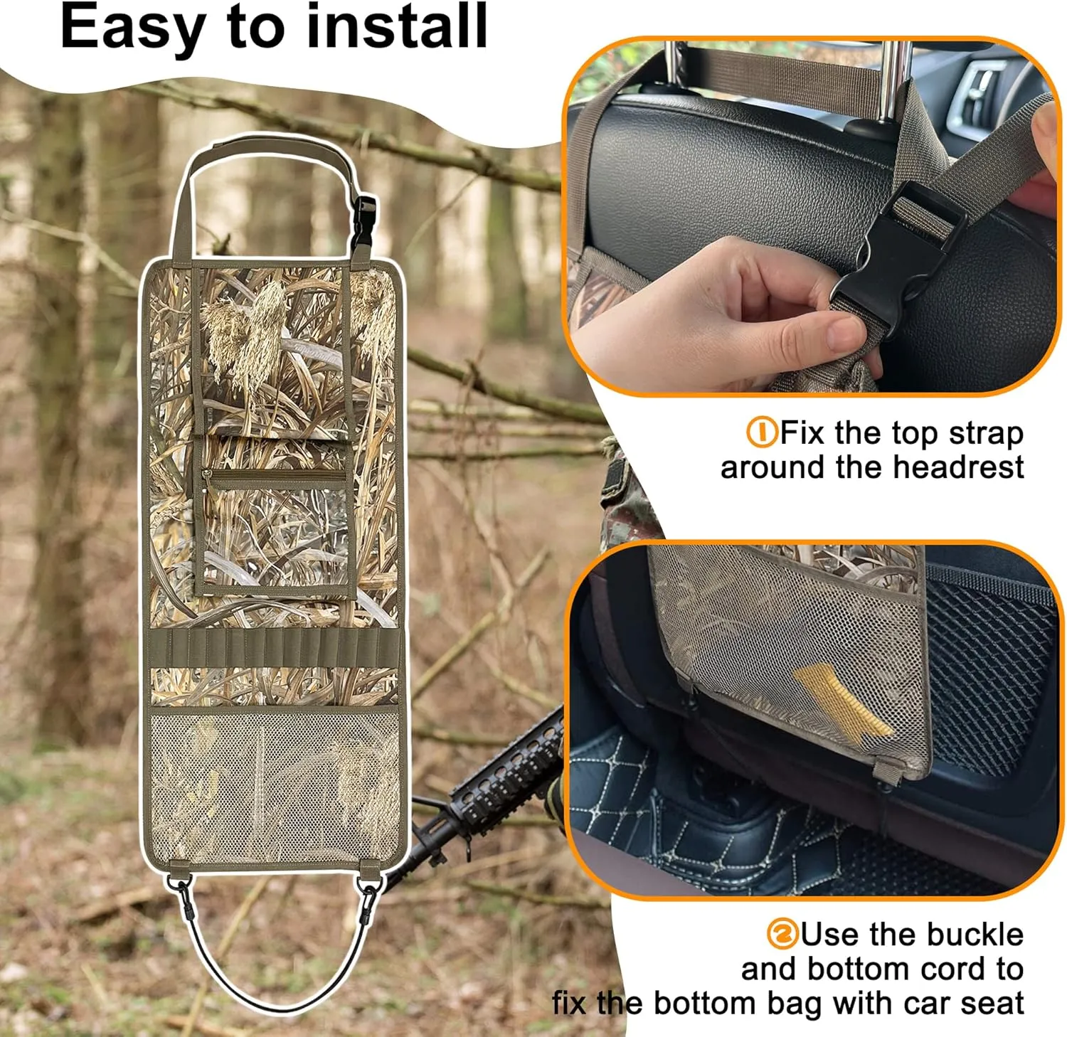 MYDAYS 2 Pack Seat Back Gun Rack, Camo Front Seat Gun Organizer with Bullet Pocket Vehicle Gun Holder for Hunting Rifles/Shotguns