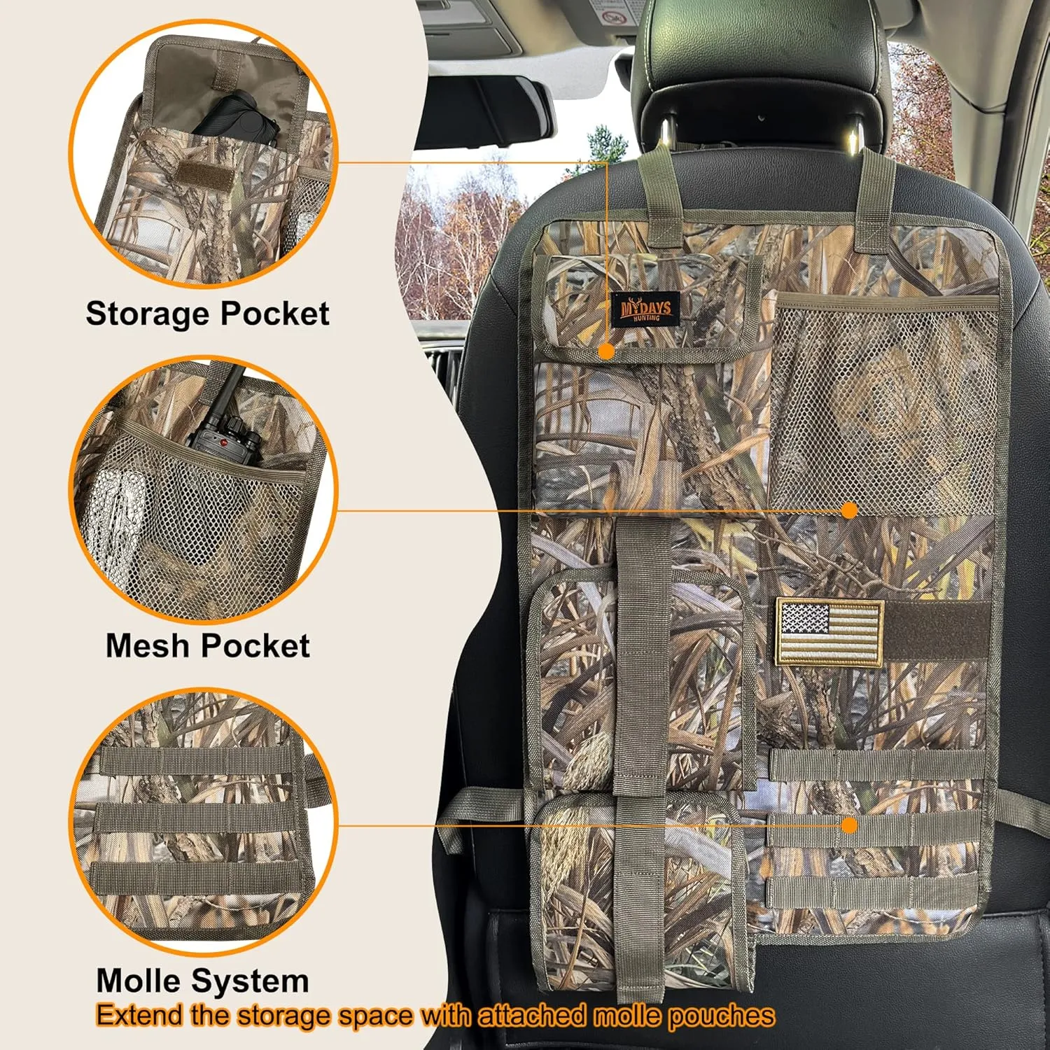 MYDAYS 2 Pack Tactical Seat Back & Front Seat Gun Organizer with Molle Panel Vehicle Gun Holders for Hunting Rifles & Shotguns (Camo)