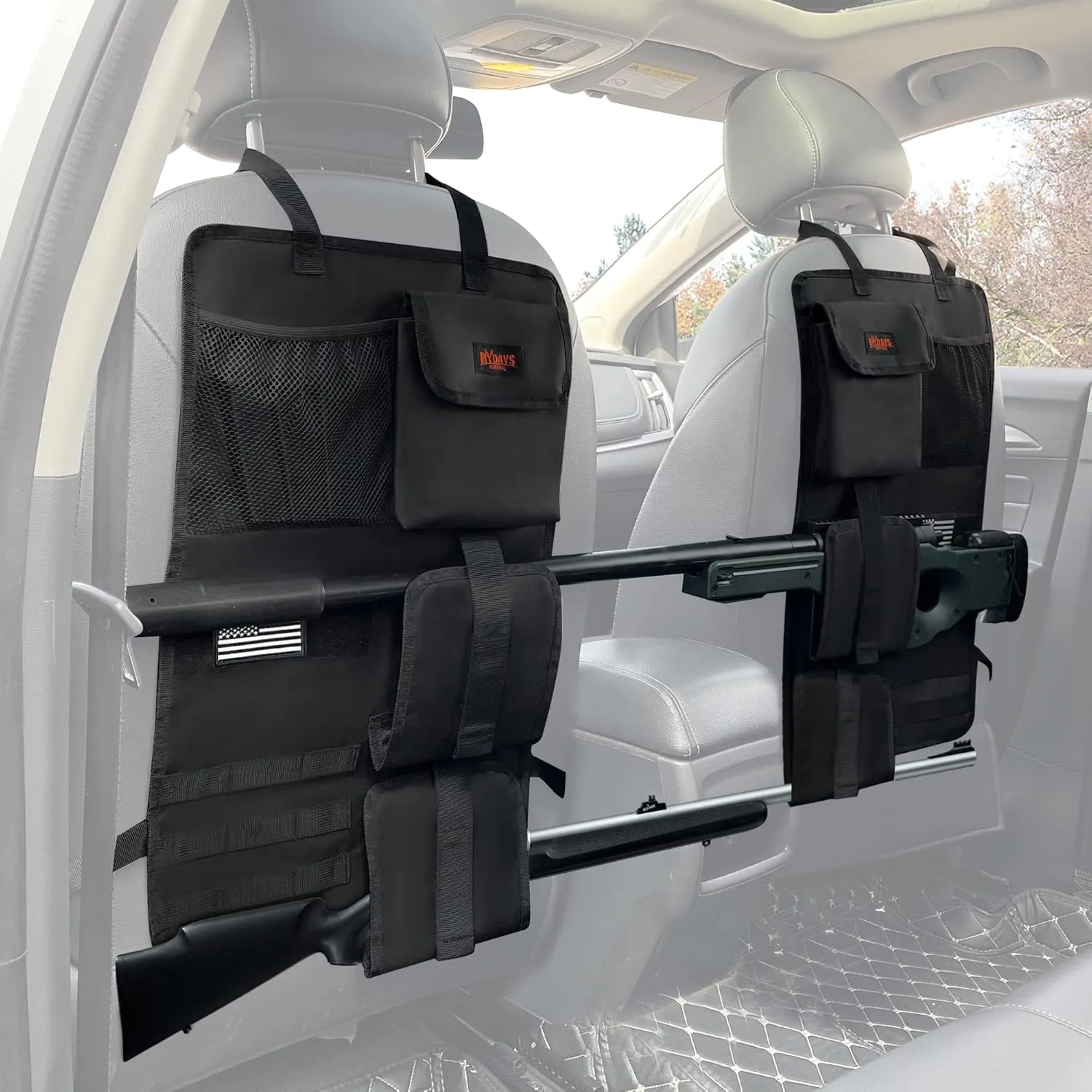 MYDAYS 2 Pack Tactical Seat Back Gun Rack, Camo Front Seat Gun Organizer with Molle Panel Vehicle Gun Holder for Hunting Rifles/Shotguns (Camo)
