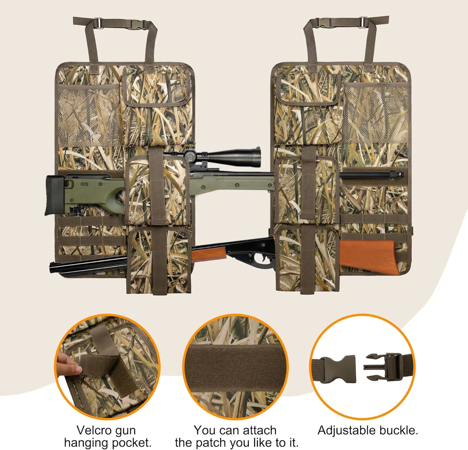 MYDAYS 2 Pack Tactical Seat Back Gun Rack, Camo Front Seat Organizer with MOLLE Panel Vehicle Gun Holder, Hunting Rifle/Shotgun (Camo1)