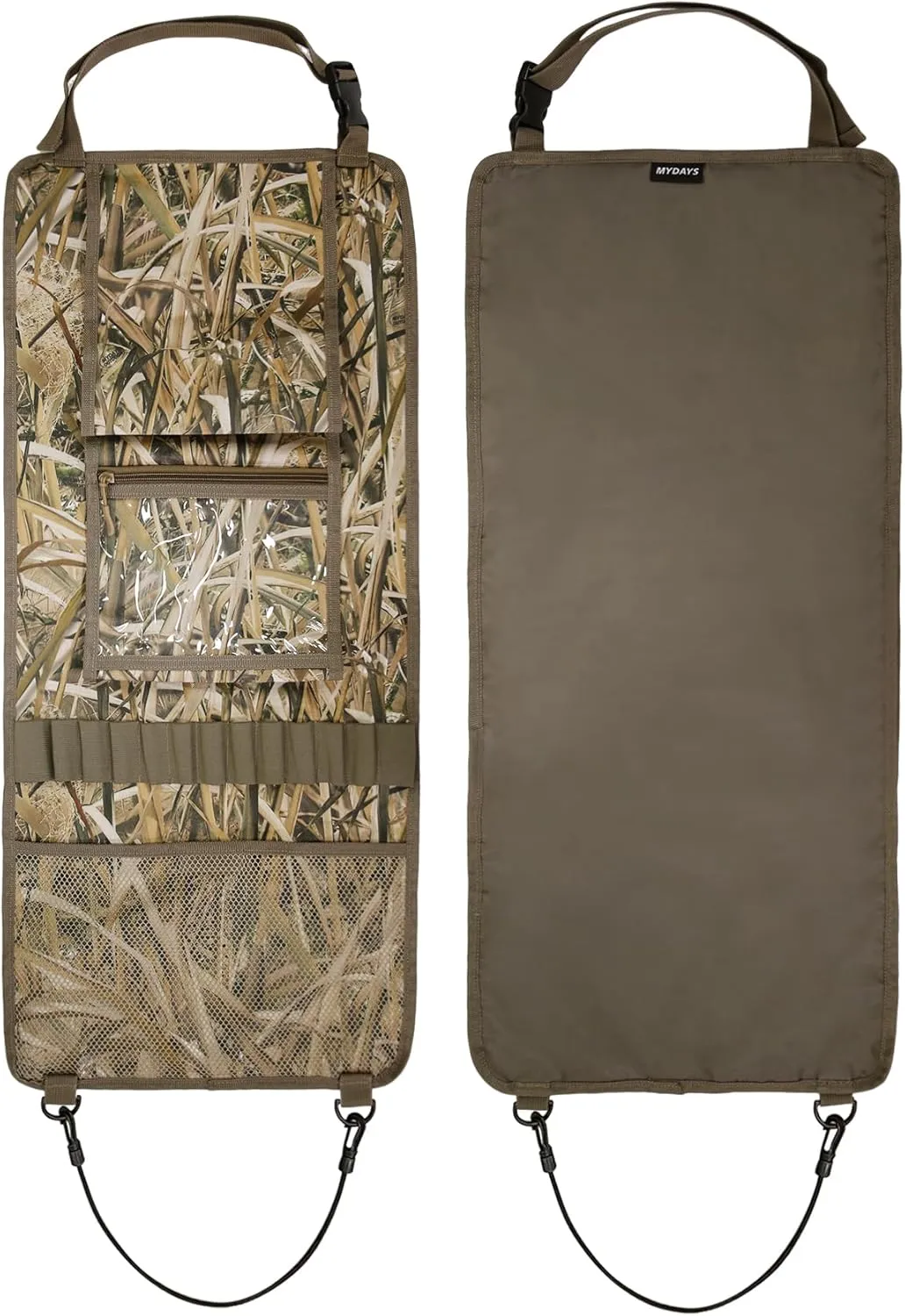 MYDAYS 2 Pack Tactical Seat Back Gun Rack, Camo Front Seat Organizer With Molle Panel Vehicle Holder for Hunting Rifles/Shotguns (Camo2)