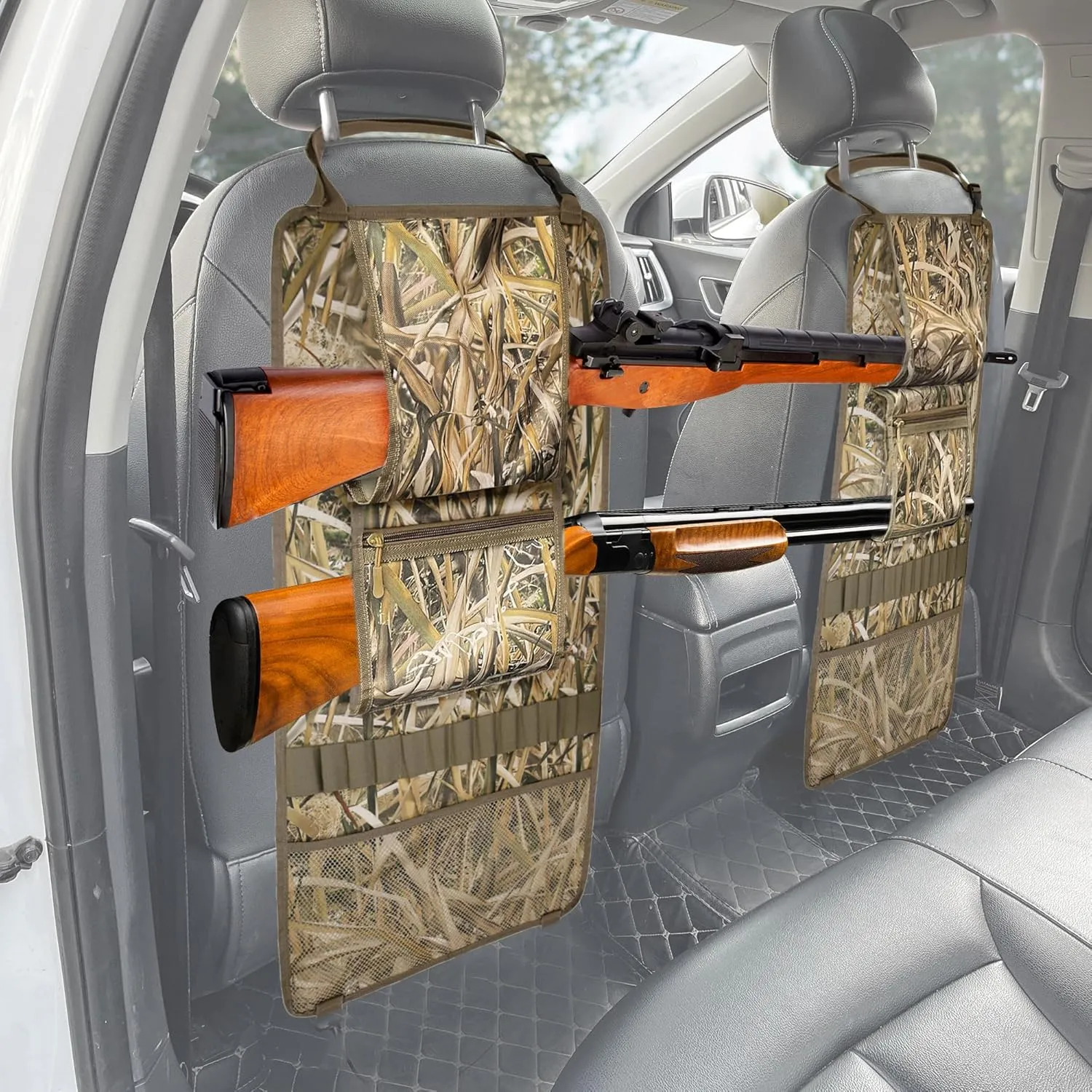 MYDAYS 2 Pack Tactical Seat Back Gun Rack, Camo Front Seat Organizer With Molle Panel Vehicle Holder for Hunting Rifles/Shotguns (Camo2)