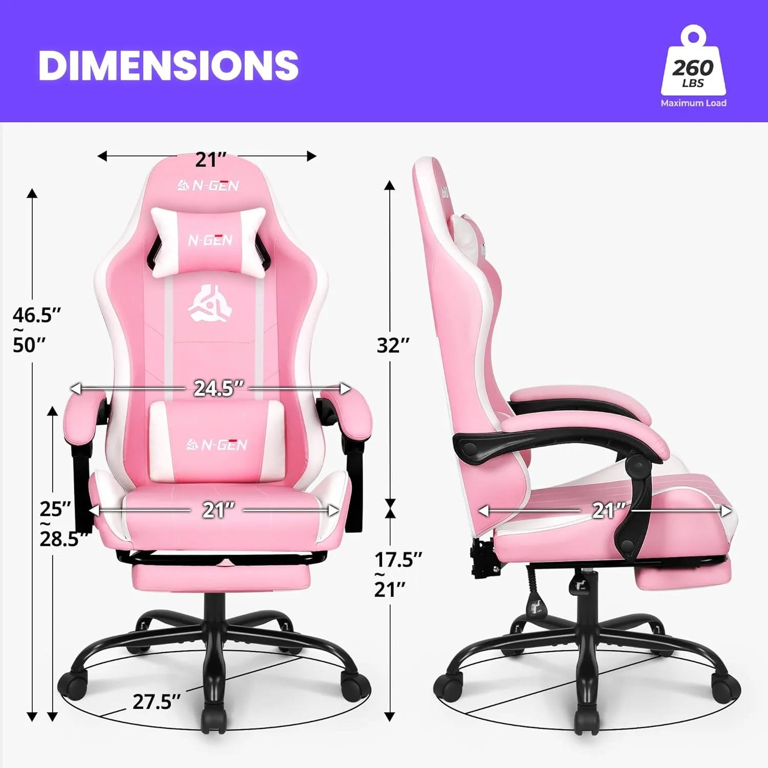 N-GEN GAMING Video Gaming Chair with Footrest High Back Ergonomic Comfortable Office Computer Desk with Lumbar Support Height Adjustable with PU Leather Recliner for Adults Women Men (Pink)