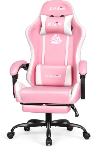 N-GEN GAMING Video Gaming Chair with Footrest High Back Ergonomic Comfortable Office Computer Desk with Lumbar Support Height Adjustable with PU Leather Recliner for Adults Women Men (Pink)