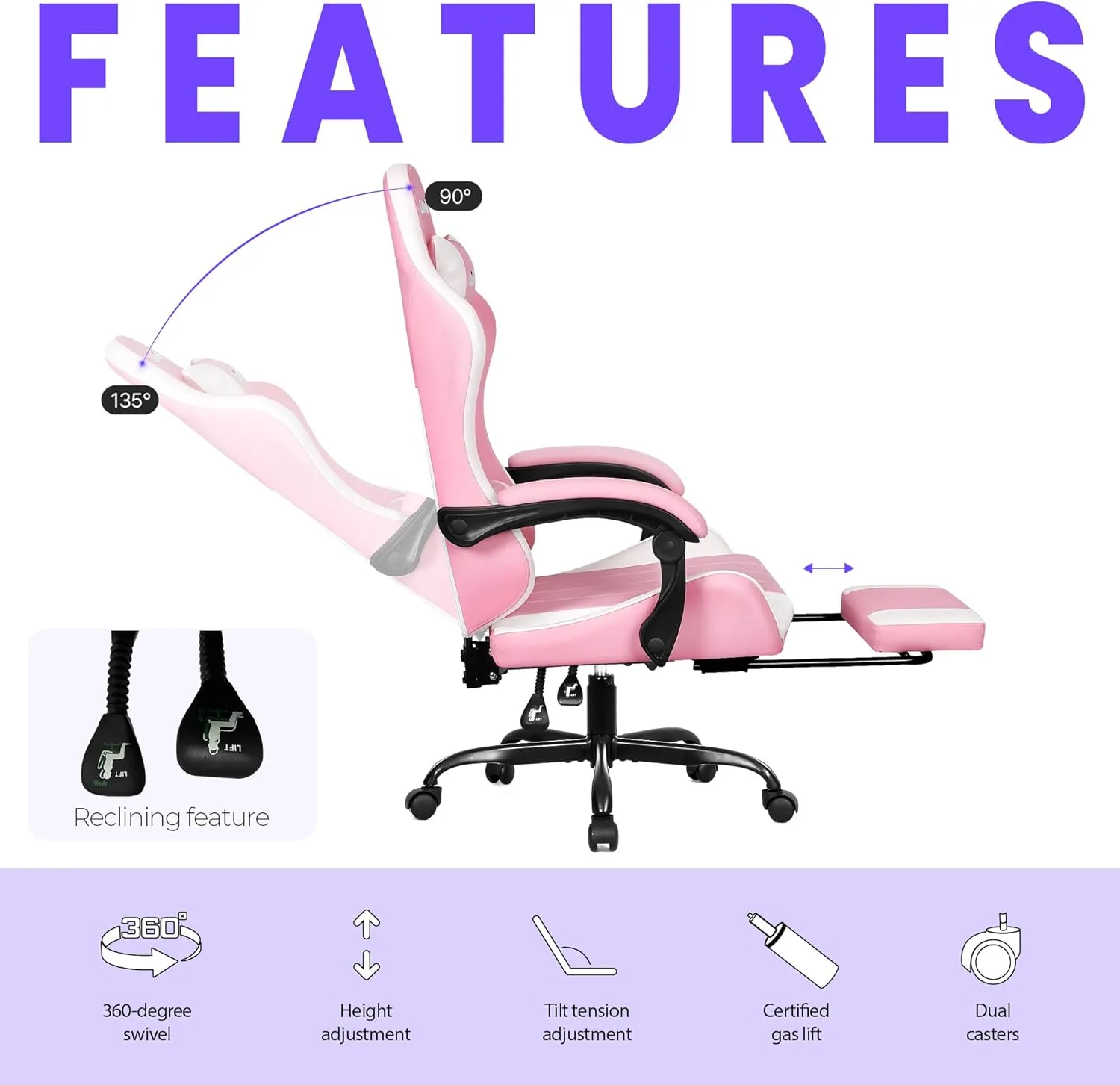 N-GEN GAMING Video Gaming Chair with Footrest High Back Ergonomic Comfortable Office Computer Desk with Lumbar Support Height Adjustable with PU Leather Recliner for Adults Women Men (Pink)
