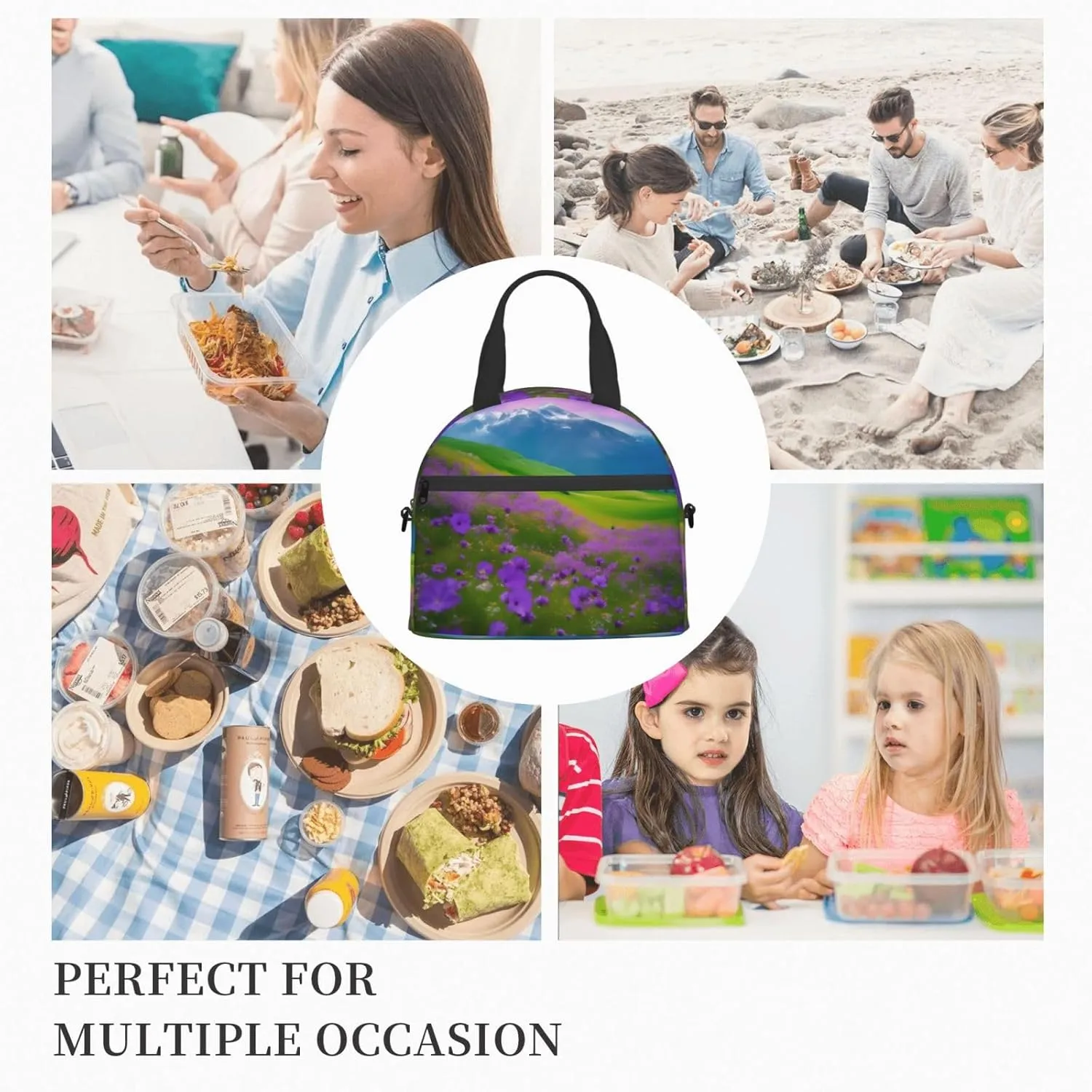 Nature Purple Flowers Meadow Mountain Scenic Insulated Lunch Bag For Women/Men Adjustable Shoulder Strap,Leakproof,Tote Bag For Office Work