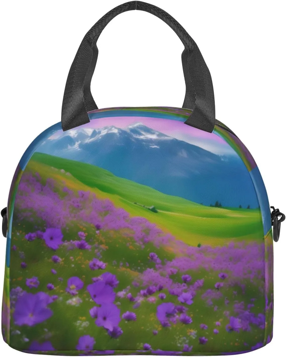 Nature Purple Flowers Meadow Mountain Scenic Insulated Lunch Bag For Women/Men Adjustable Shoulder Strap,Leakproof,Tote Bag For Office Work