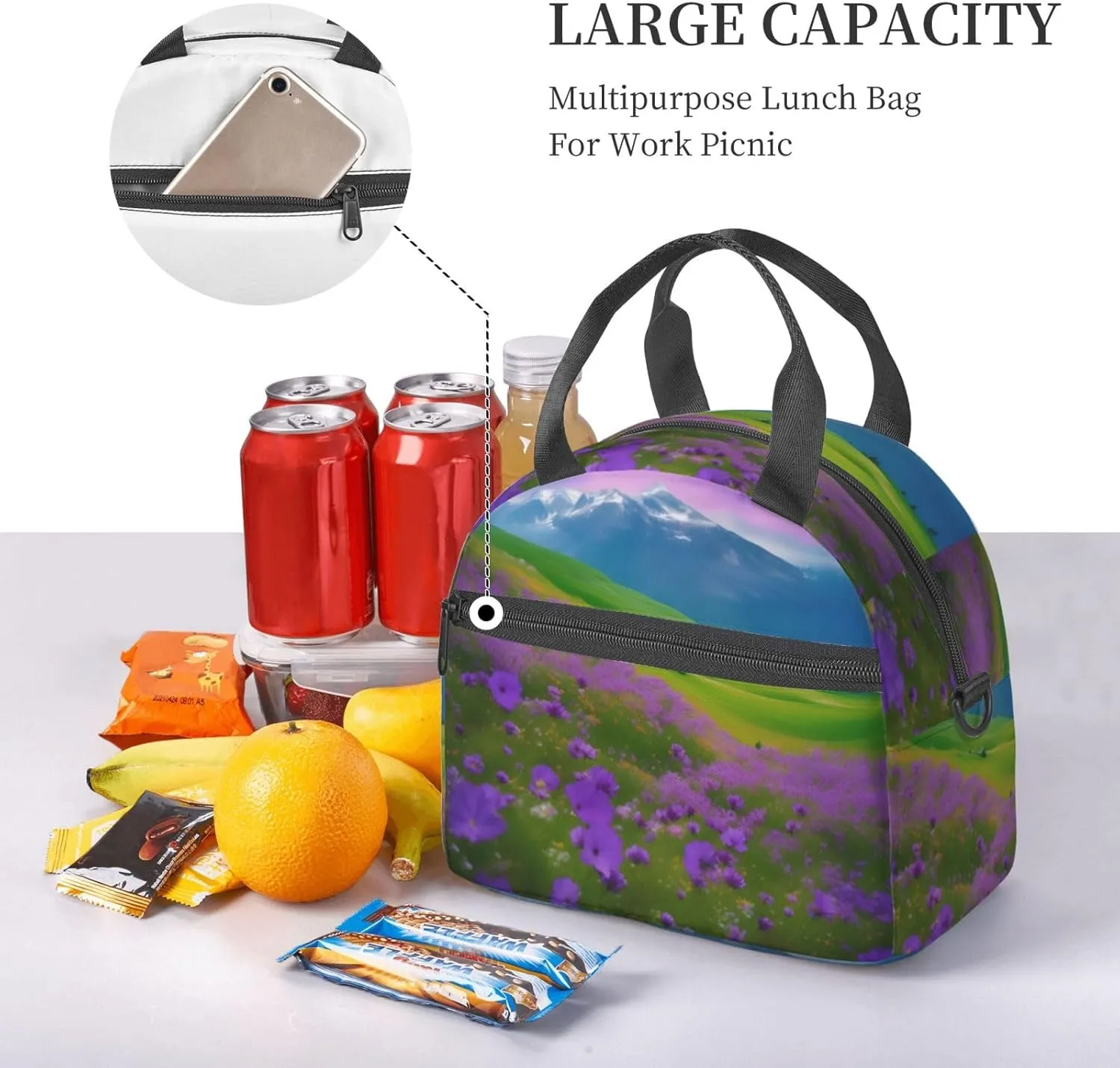 Nature Purple Flowers Meadow Mountain Scenic Insulated Lunch Bag For Women/Men Adjustable Shoulder Strap,Leakproof,Tote Bag For Office Work