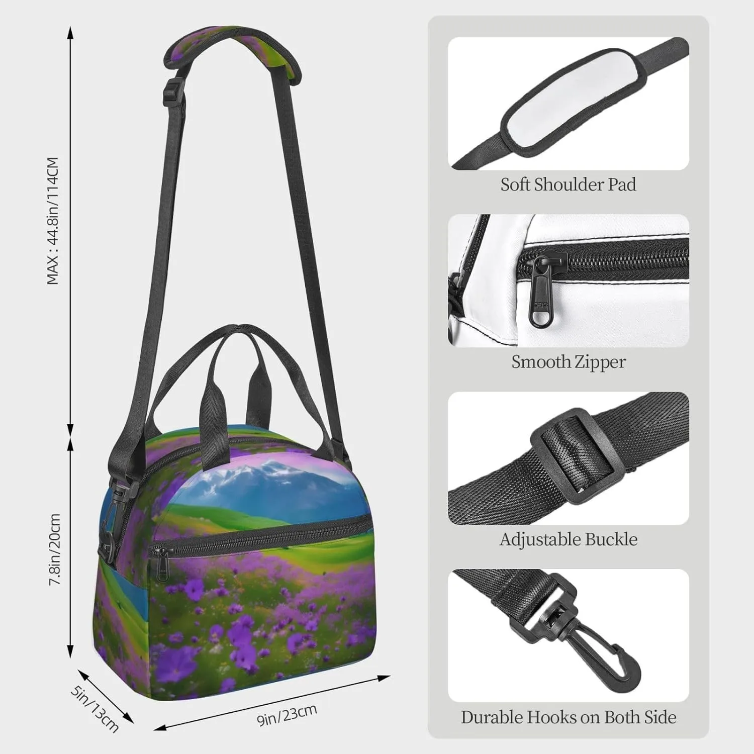 Nature Purple Flowers Meadow Mountain Scenic Insulated Lunch Bag For Women/Men Adjustable Shoulder Strap,Leakproof,Tote Bag For Office Work