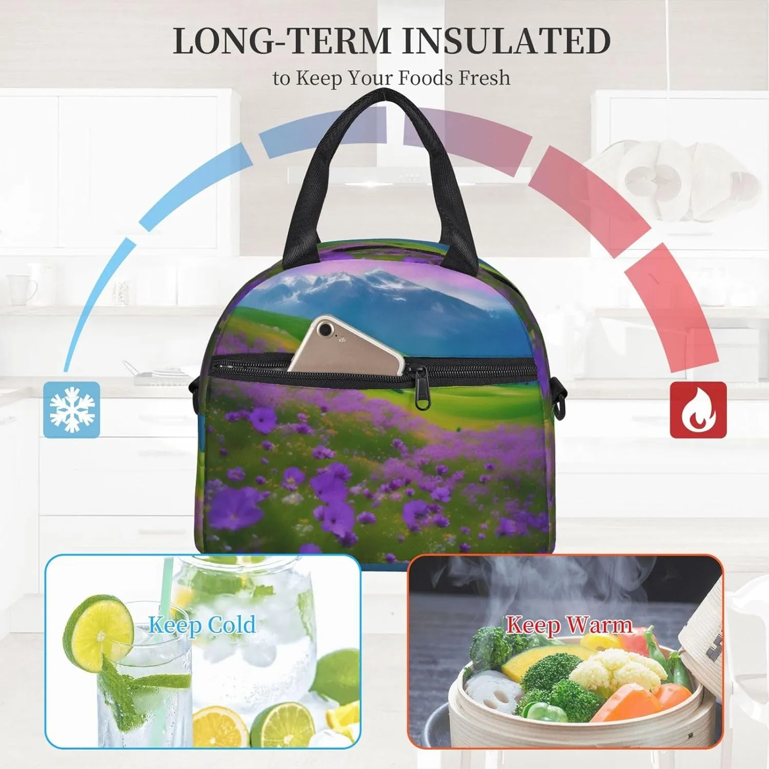 Nature Purple Flowers Meadow Mountain Scenic Insulated Lunch Bag For Women/Men Adjustable Shoulder Strap,Leakproof,Tote Bag For Office Work
