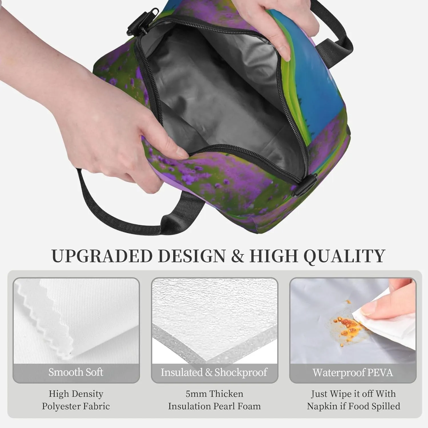 Nature Purple Flowers Meadow Mountain Scenic Insulated Lunch Bag For Women/Men Adjustable Shoulder Strap,Leakproof,Tote Bag For Office Work
