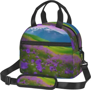 Nature Purple Flowers Meadow Mountain Scenic Insulated Lunch Bag For Women/Men Adjustable Shoulder Strap,Leakproof,Tote Bag For Office Work