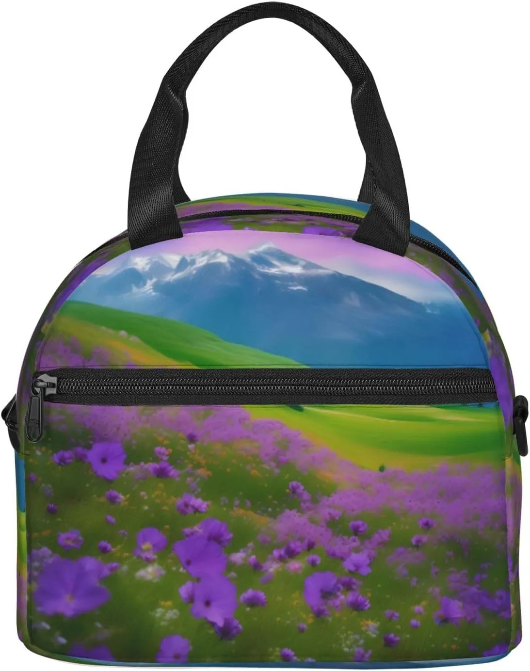 Nature Purple Flowers Meadow Mountain Scenic Insulated Lunch Bag For Women/Men Adjustable Shoulder Strap,Leakproof,Tote Bag For Office Work