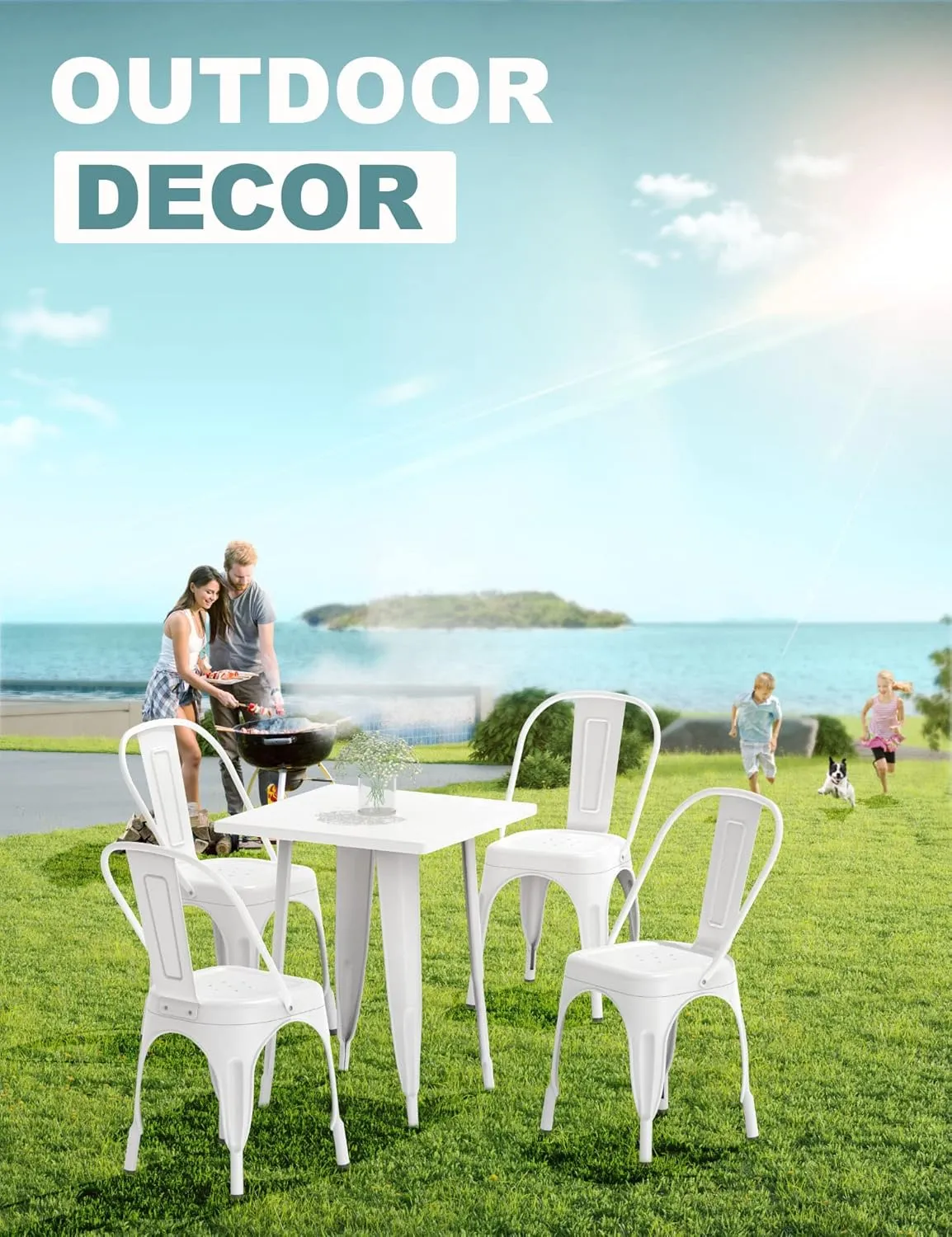 Nazhura Metal Dining Chair Farmhouse Tolix Style for Kitchen Dining Room Café Restaurant Bistro Patio, 18 Inch, Stackable, Waterproof Indoor/Outdoor (Sets of 4) (White)