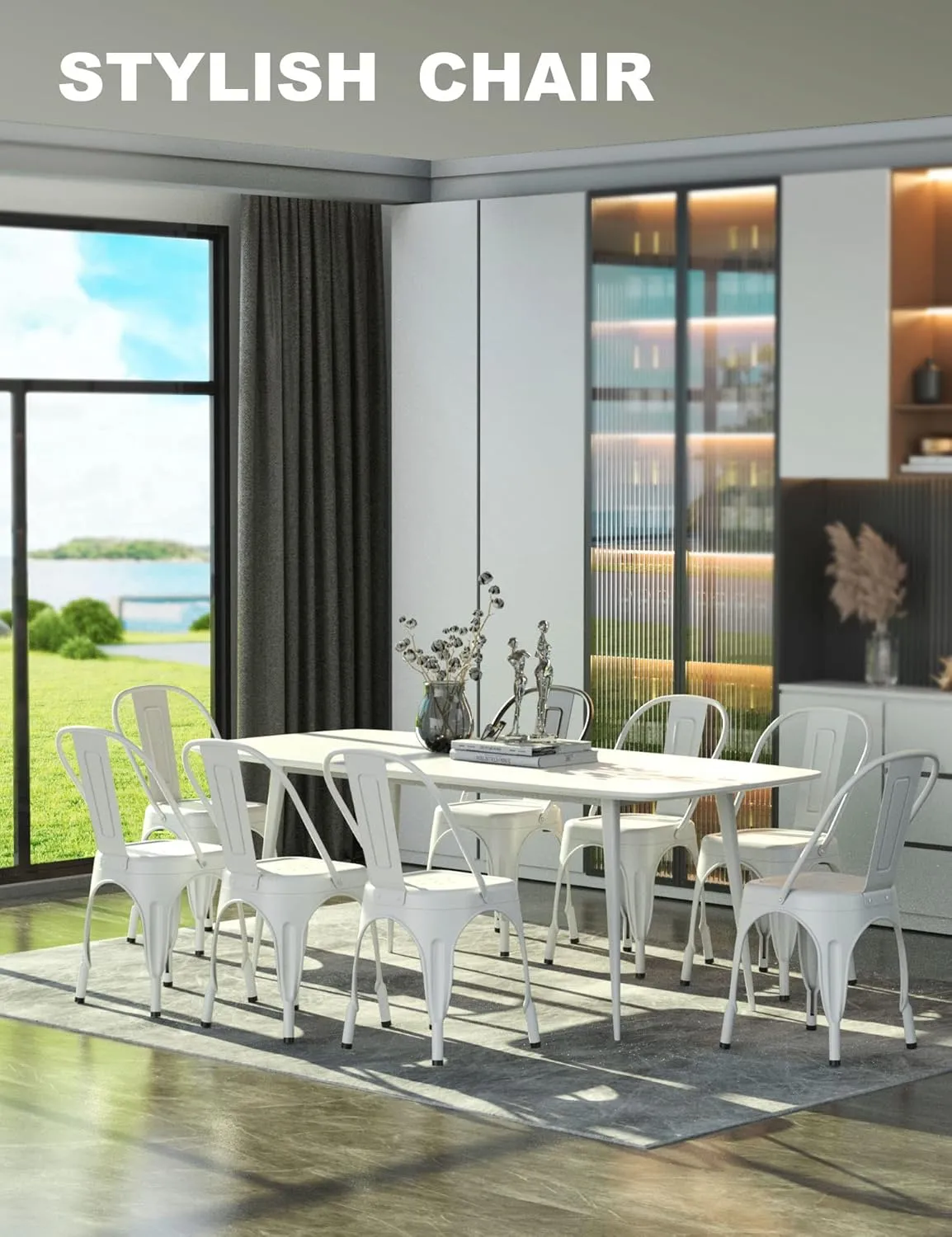 Nazhura Metal Dining Chair Farmhouse Tolix Style for Kitchen Dining Room Café Restaurant Bistro Patio, 18 Inch, Stackable, Waterproof Indoor/Outdoor (Sets of 4) (White)