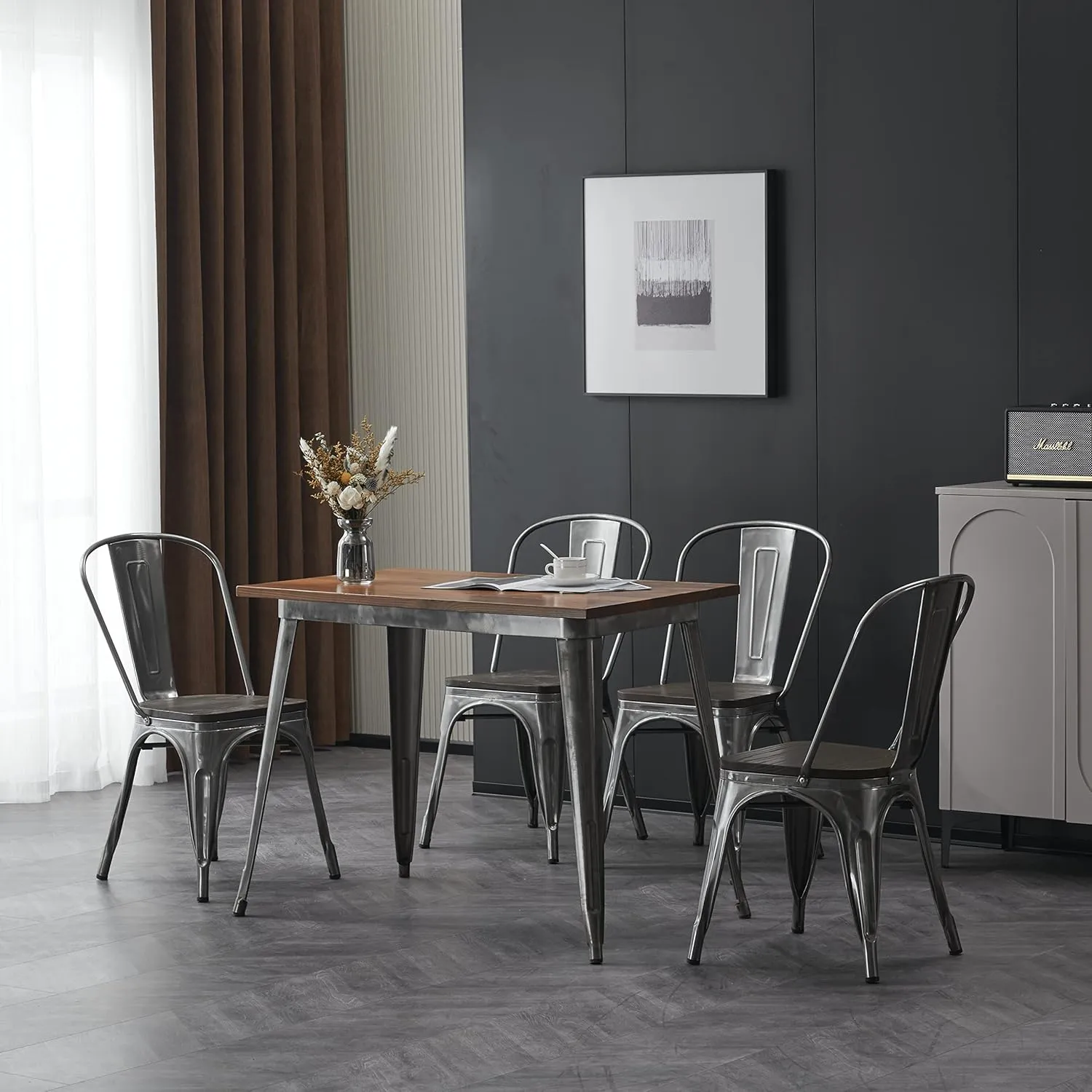 Nazhura Metal Dining Chair Farmhouse Tolix Style for Kitchen Dining Room Patio, 18 Inch, Stackable, Waterproof Indoor/Outdoor (Sets of 4) (Brushed Metal with Wood Padding)