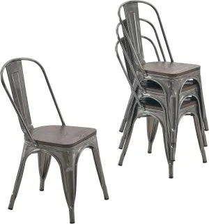 Nazhura Metal Dining Chair Farmhouse Tolix Style for Kitchen Dining Room Patio, 18 Inch, Stackable, Waterproof Indoor/Outdoor (Sets of 4) (Brushed Metal with Wood Padding)