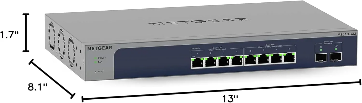 NETGEAR 10-Port 10G Multi-Gigabit Ethernet Smart Switch (MS510TXM) - Managed, 8 x Multi-gig Ports, 2 x 10G SFP , Optional Insight Cloud Management, Desktop or Rackmount, Limited Lifetime Protection