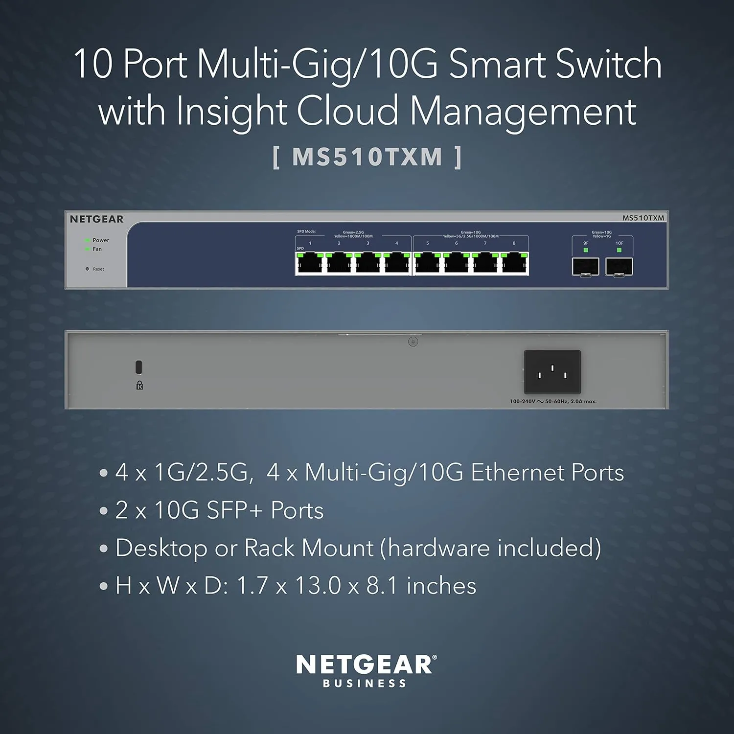 NETGEAR 10-Port 10G Multi-Gigabit Ethernet Smart Switch (MS510TXM) - Managed, 8 x Multi-gig Ports, 2 x 10G SFP , Optional Insight Cloud Management, Desktop or Rackmount, Limited Lifetime Protection