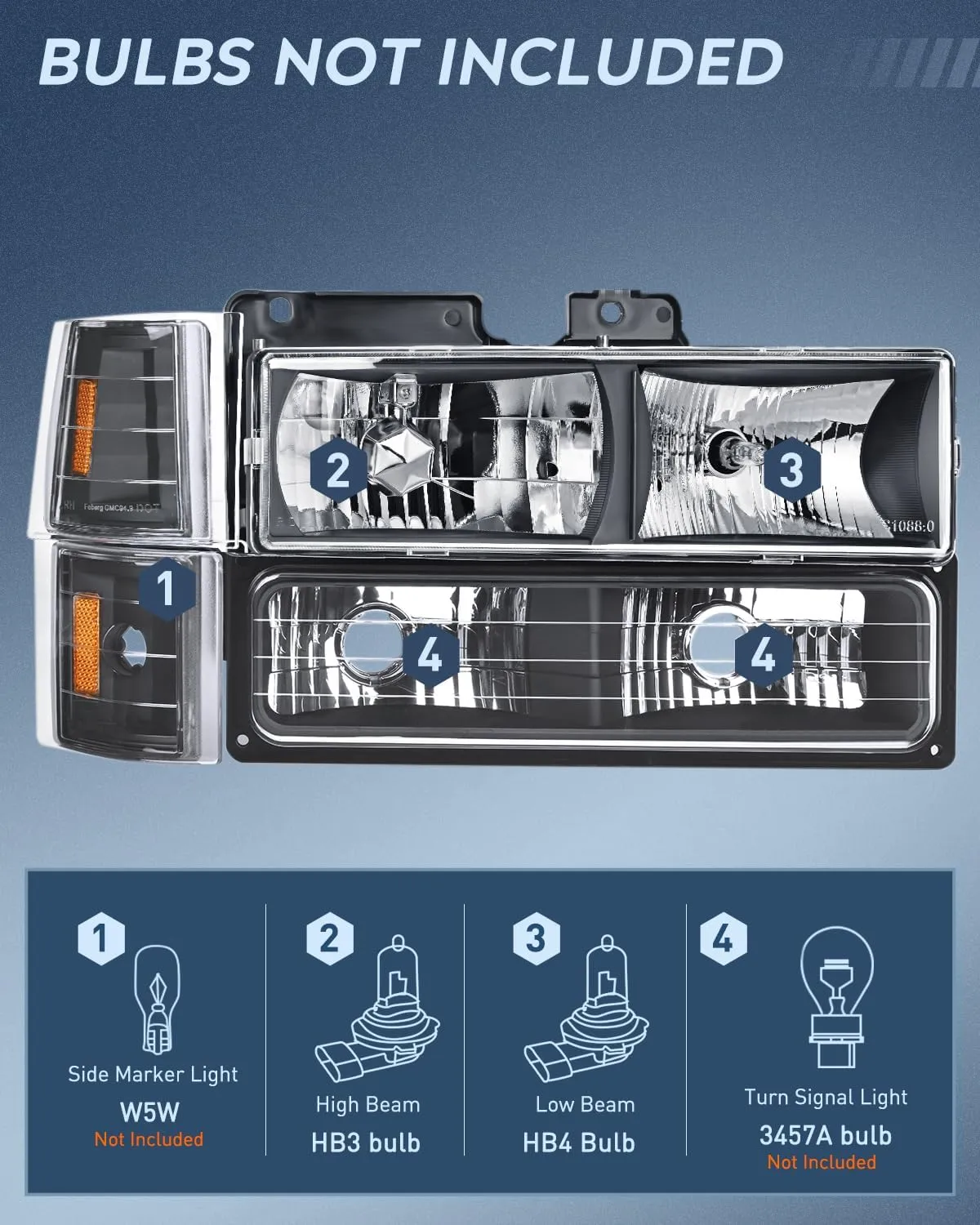 Nilight Headlight Assembly for 1994 1995 1996 1997 1998 GMC Suburban Yukon Sierra C/K Series 1500 2500 3500 Replacement Headlamp Black Housing Amber Reflector Bumper Corner Lamp