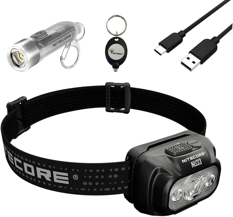 Nitecore NU33 Triple Output USB-C Rechargeable Headlamp- 700 Lumens w/Nitecore TIKI GITD 300 Lumens Keychain and Eco-Sensa Keychain Light