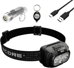 Nitecore NU33 Triple Output USB-C Rechargeable Headlamp- 700 Lumens w/Nitecore TIKI GITD 300 Lumens Keychain and Eco-Sensa Keychain Light