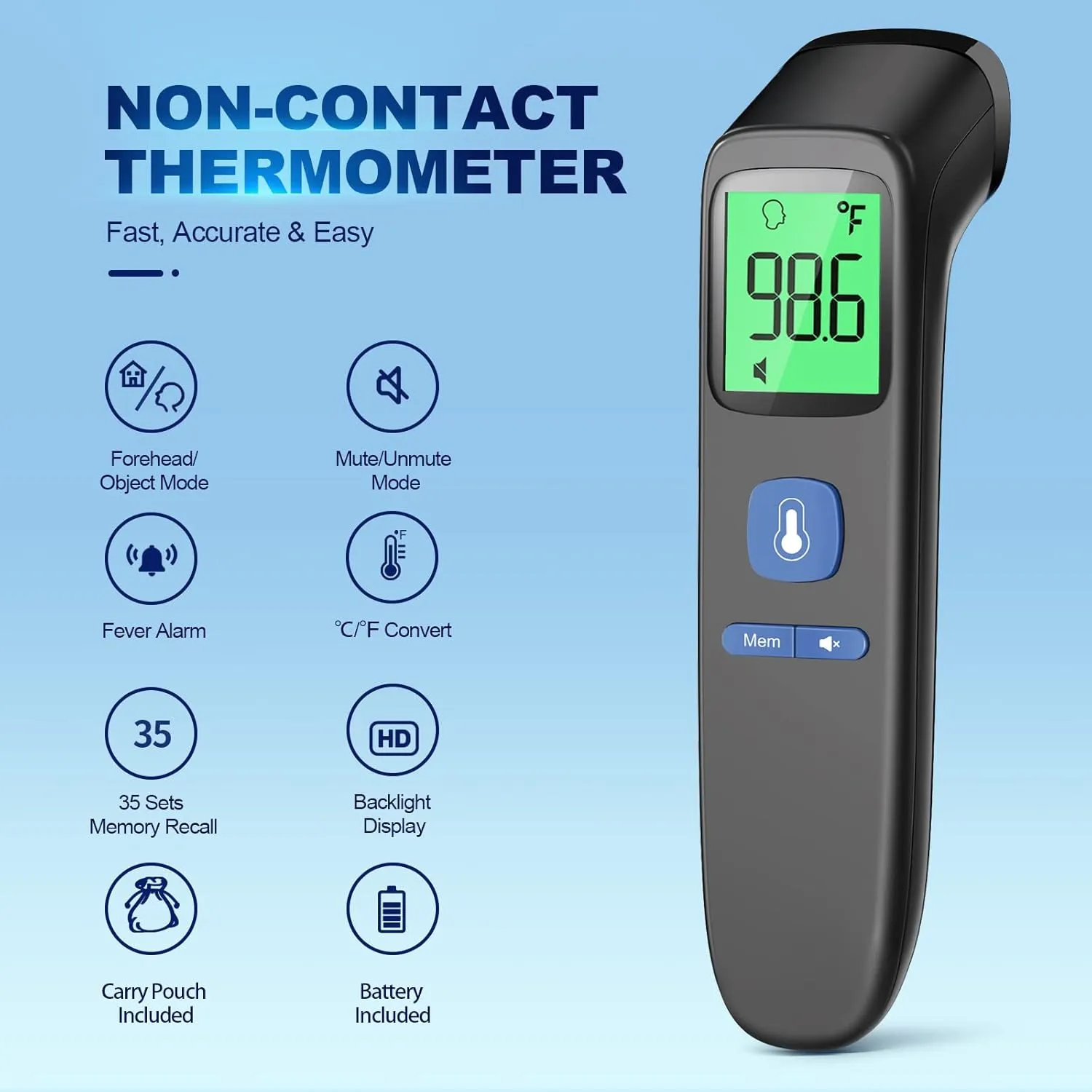 No-Touch Thermometer for Adults and Kids, Digital Baby Thermometer with Fever Alarm, 1 Second Fast Result, FSA HSA Eligible, Easy to use, 2 in 1 Mode