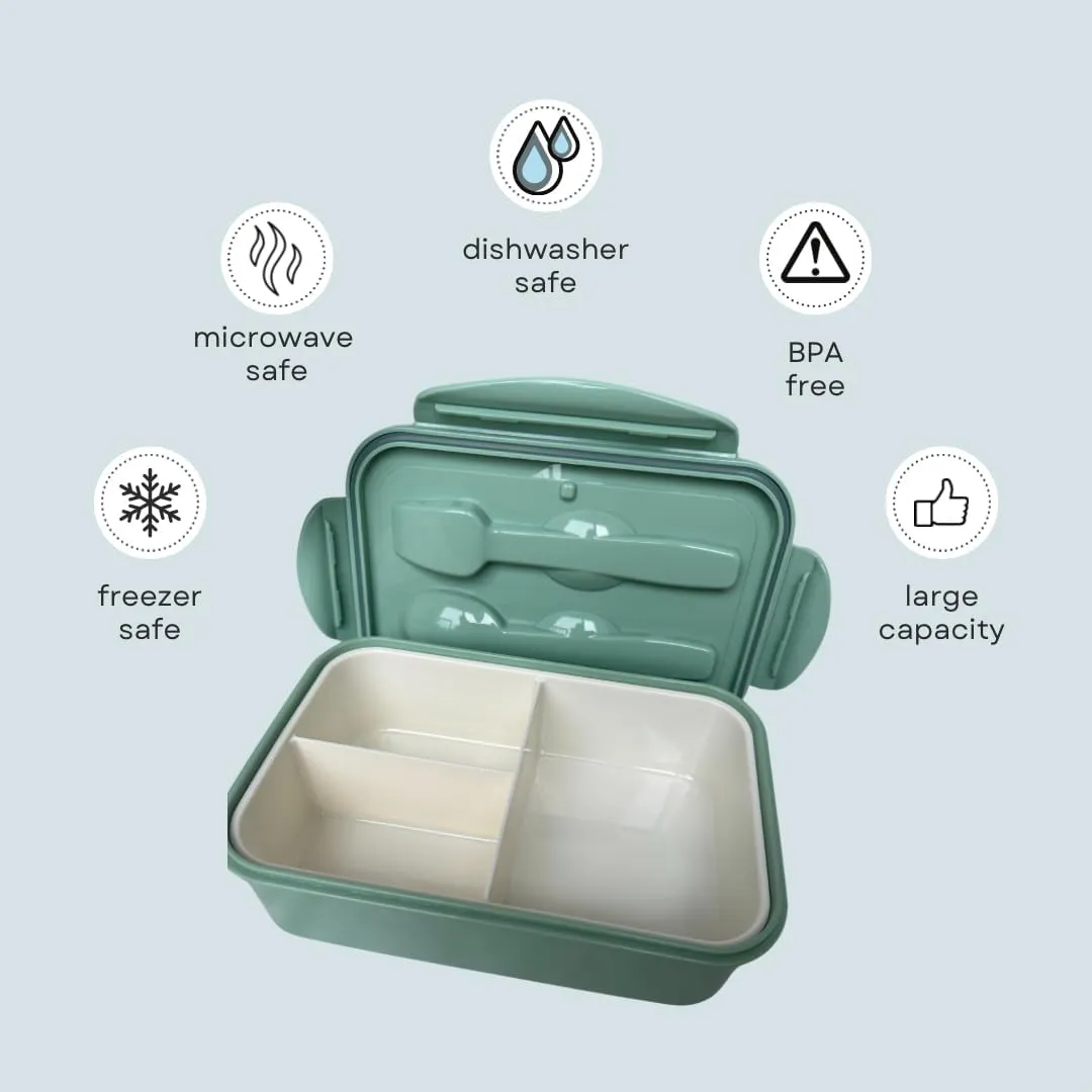 Nontoxic Dishwasher Safe Microwavable Lunch Box Food Storage Container Bento With Fork Spoon Utensil Meal Prep (GREEN)
