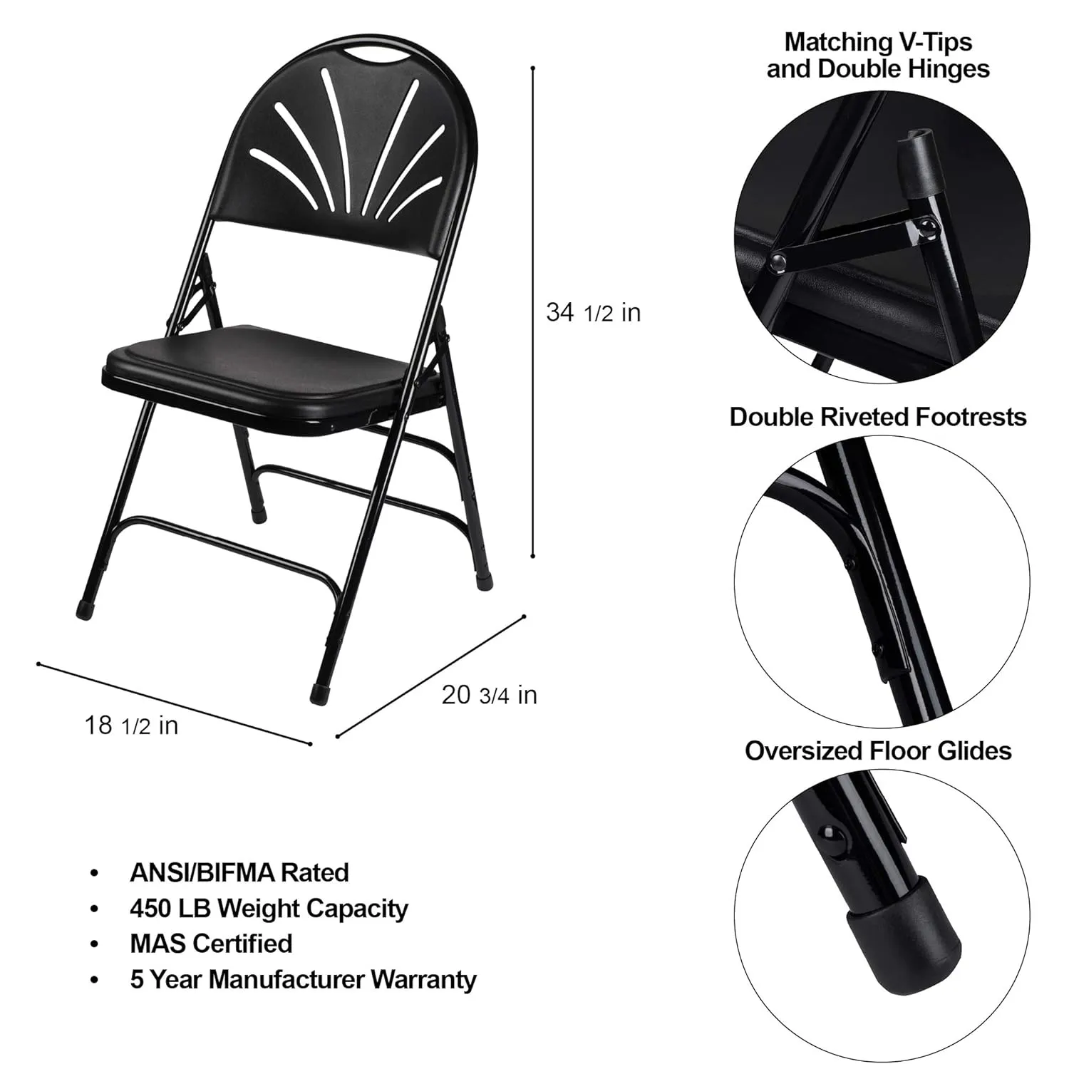 OEF Furnishings Heavy-Duty Fan Back Folding Chair – Black, 500 lb Capacity, Durable Steel Frame, Triple Braced, Stackable & Foldable, Ergonomic Comfort, Ideal for Events & Home Use