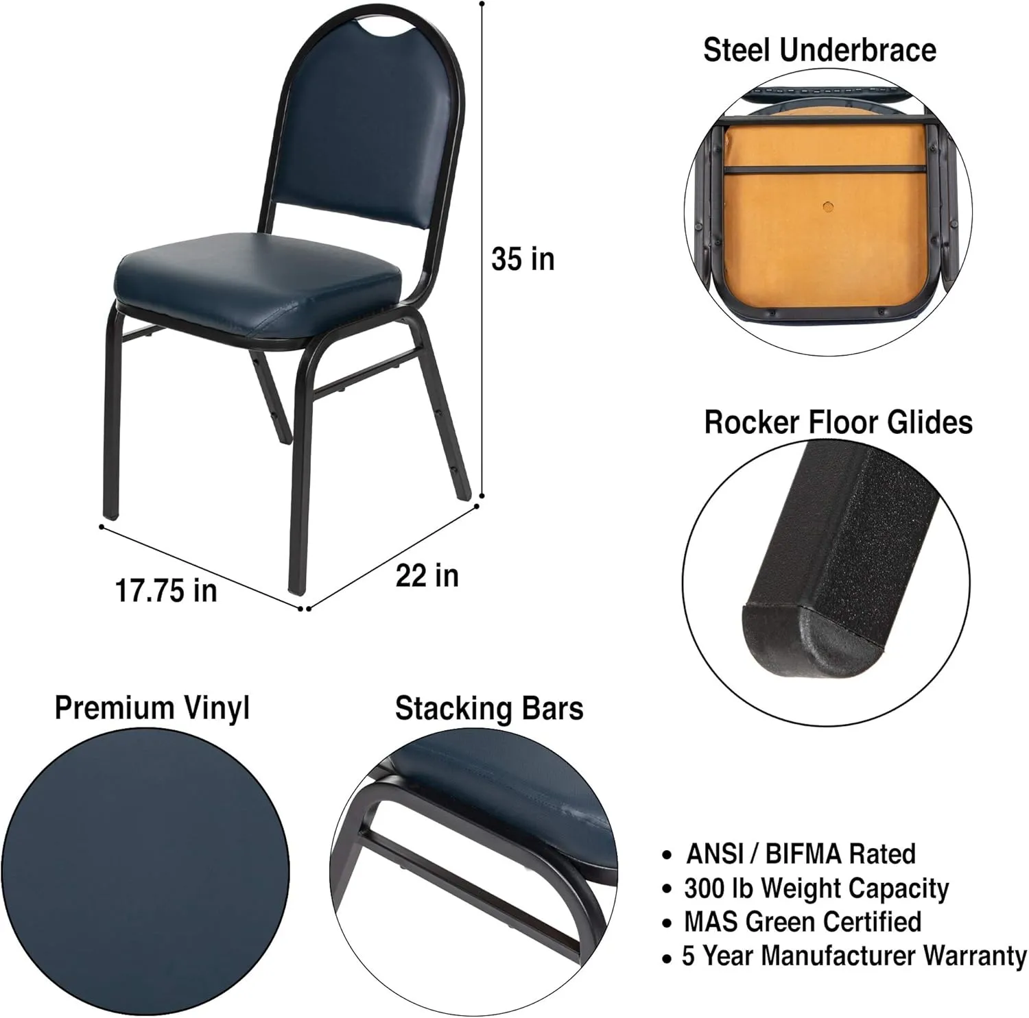 OEF Furnishings (Pack of 2) Premium Vinyl Upholstered Stack Banquet Chair, Blue/Black
