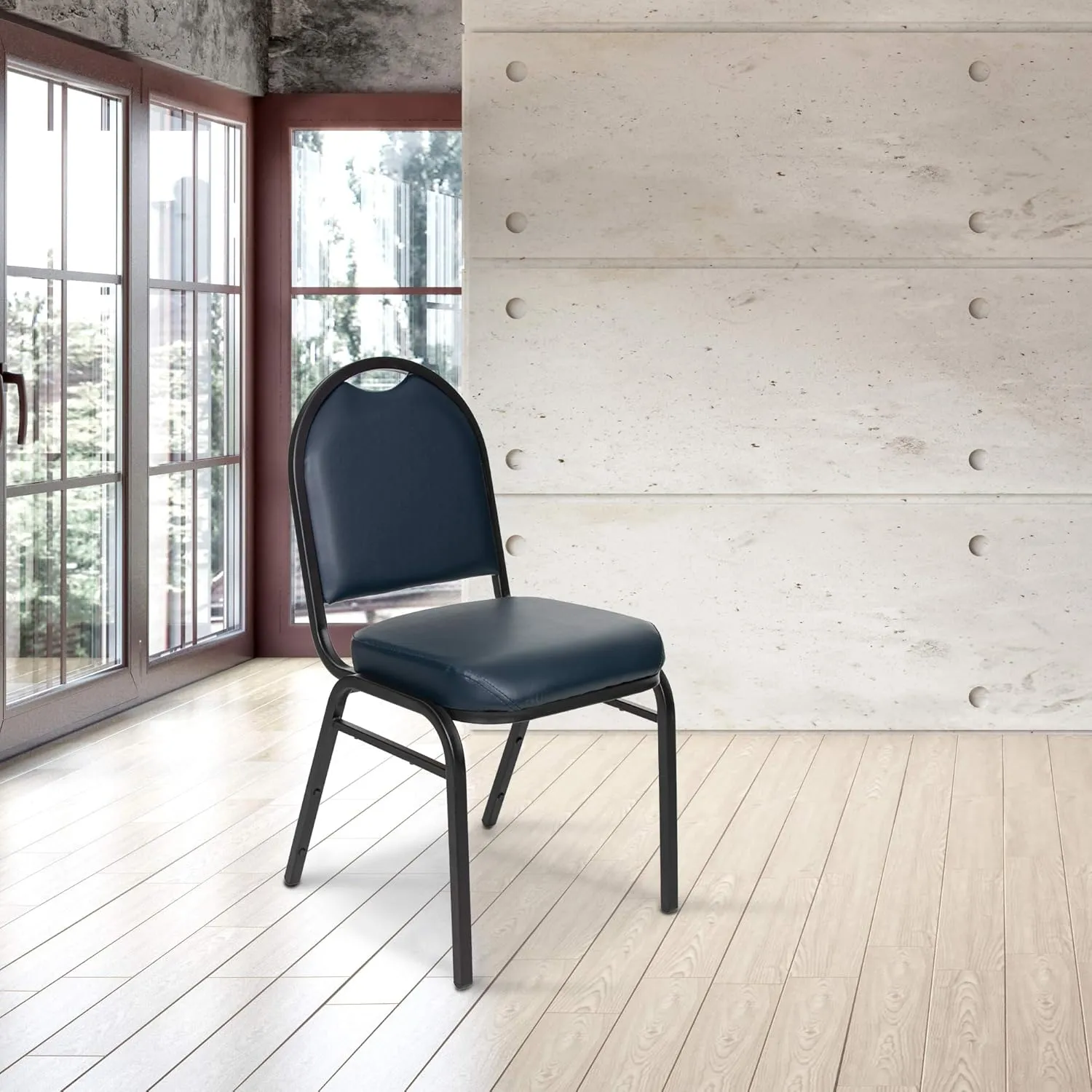 OEF Furnishings (Pack of 2) Premium Vinyl Upholstered Stack Banquet Chair, Blue/Black