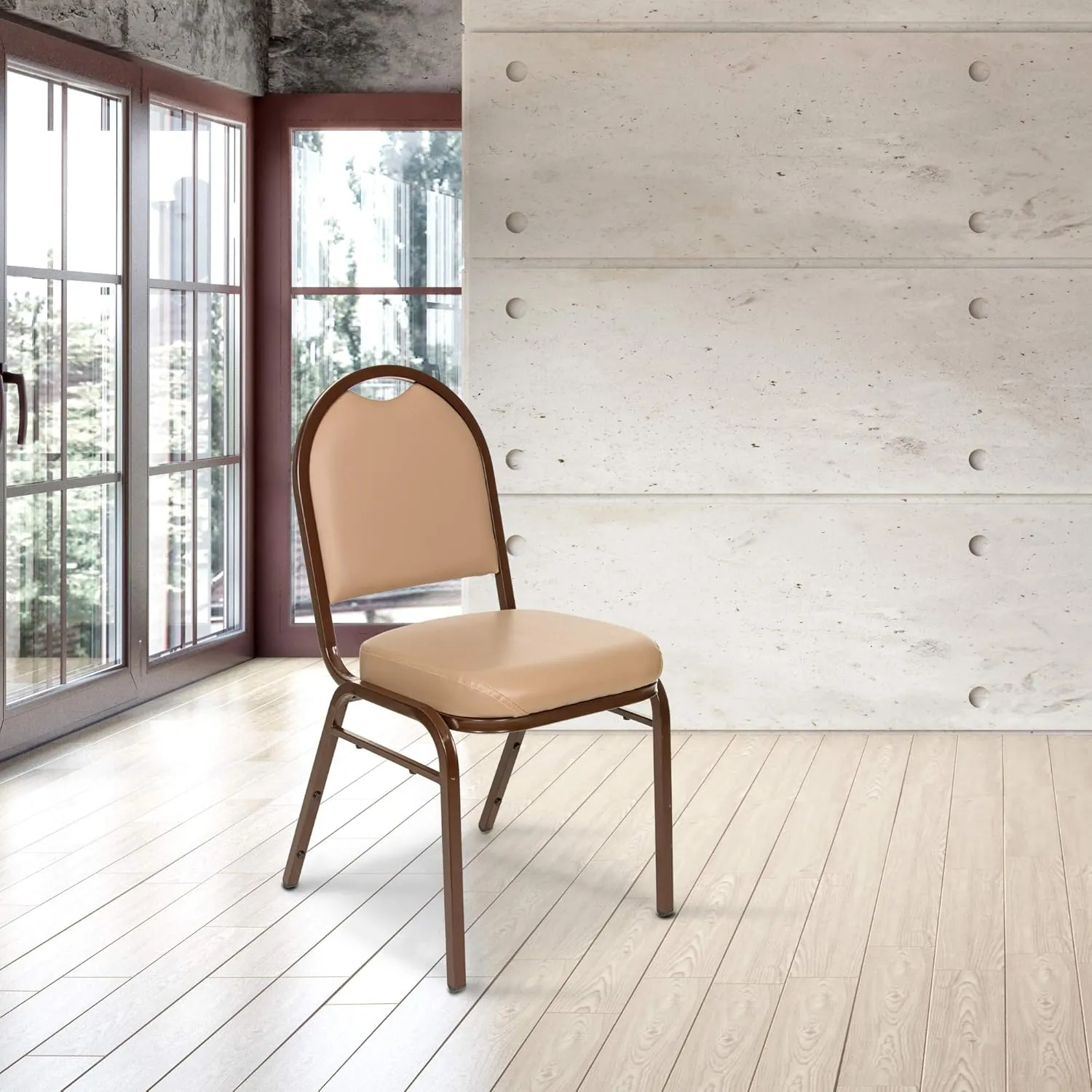 OEF Furnishings Premium Vinyl Upholstered Stack Banquet Chair, Pack of 2, Beige/Mocha