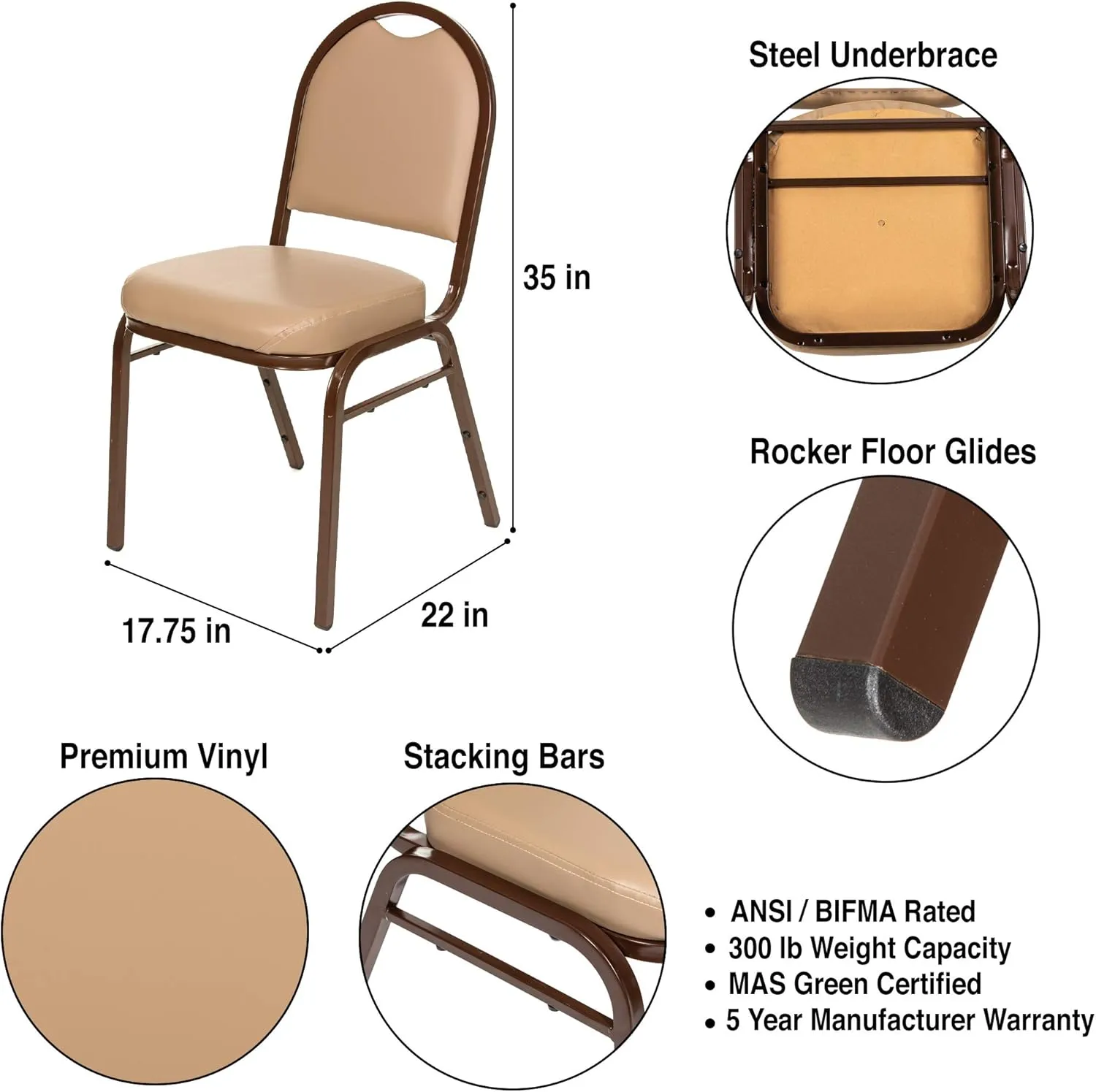 OEF Furnishings Premium Vinyl Upholstered Stack Banquet Chair, Pack of 2, Beige/Mocha