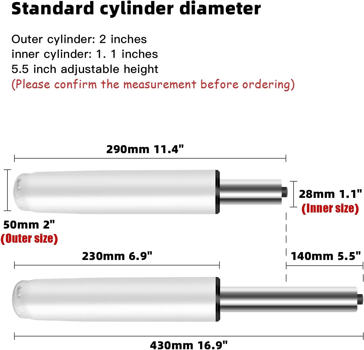 Office Chair Cylinder Replacement,Heavy Duty Gas Lift Cylinder for Office Desk Chairs/Gaming Chair,Gas Lift Hydraulic/Pneumatic Piston, Universal Size (Premium White)