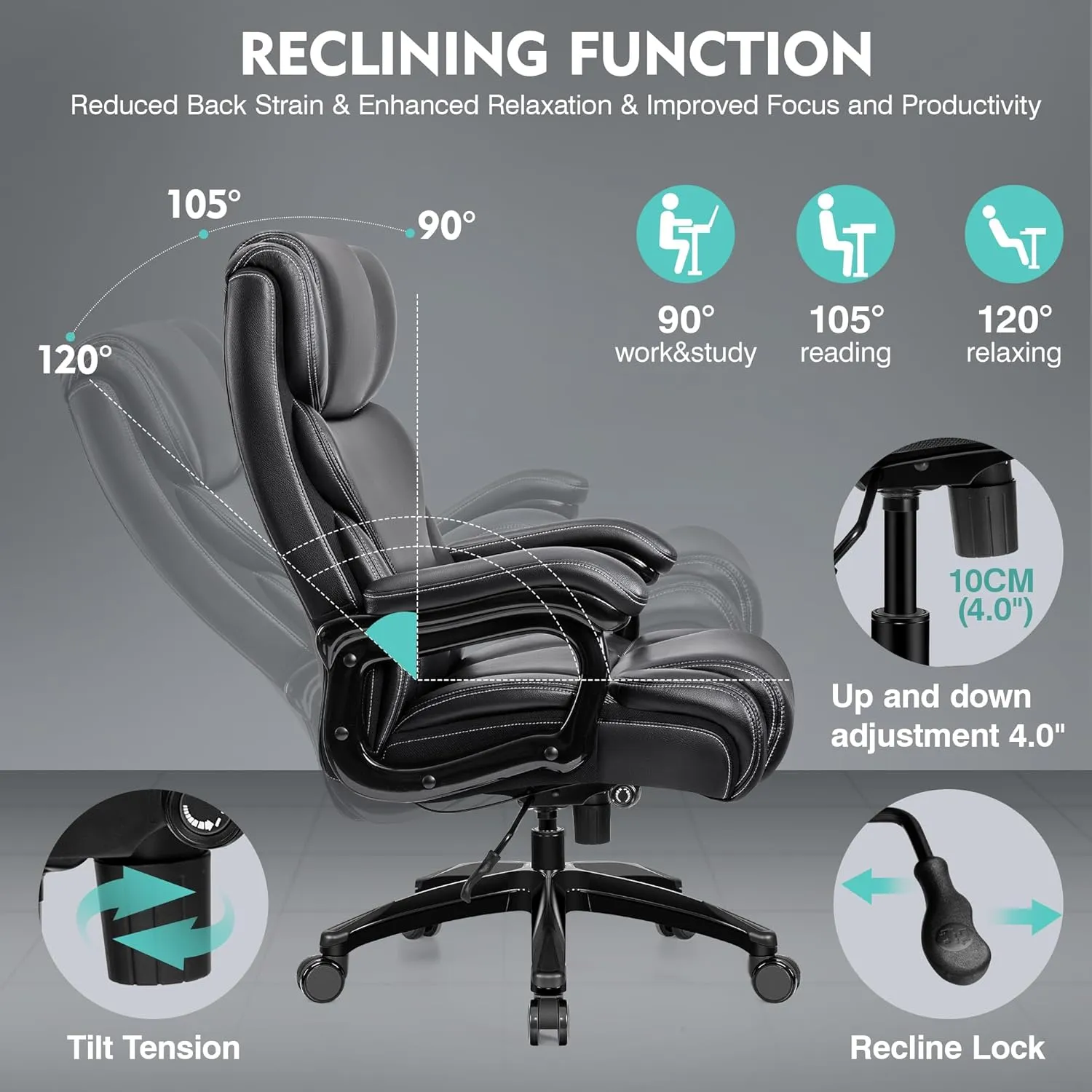 Office Chair, Ergonomic Big and Tall 500lbs Computer Desk Chairs, Heavy Duty Executive Breathable Leather Chair with Adjustable High Back, Lumbar Support Swivel PC Chair