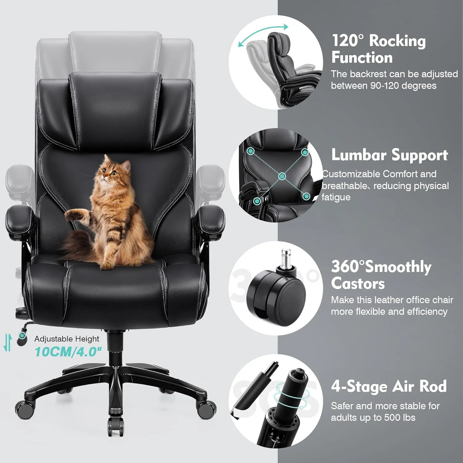 Office Chair, Ergonomic Big and Tall 500lbs Computer Desk Chairs, Heavy Duty Executive Breathable Leather Chair with Adjustable High Back, Lumbar Support Swivel PC Chair