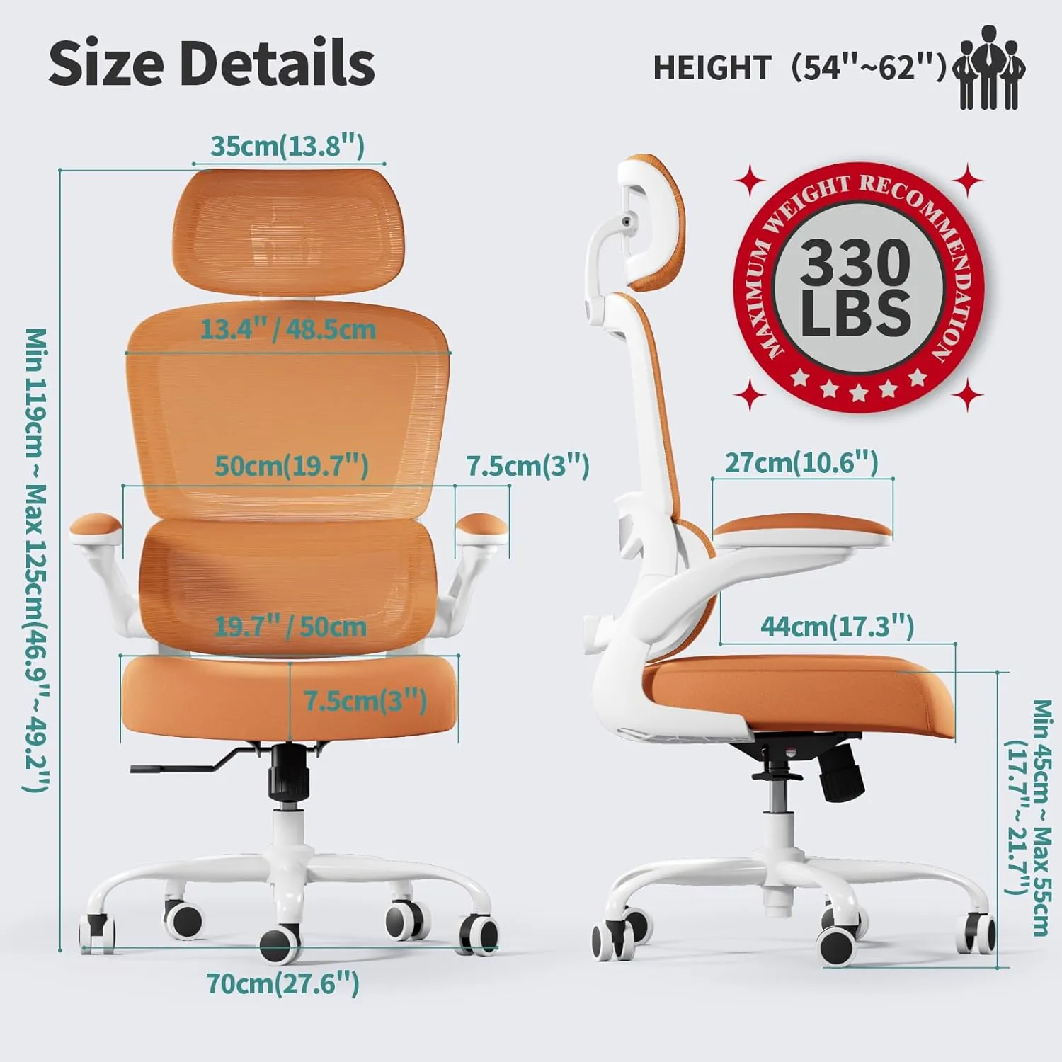 Office Chair Ergonomic Desk Chair, 330 LBS Home Mesh Office Desk Chairs with Wheels, Comfortable Gaming Chair, High Back Office Chair for Long Hours (Orange)
